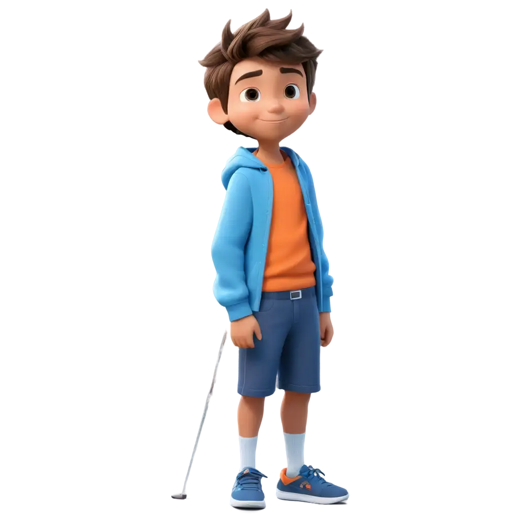 a 7 years old cute cartoon boy wearing orange t shirt and blue sweater and light blue shorts front view