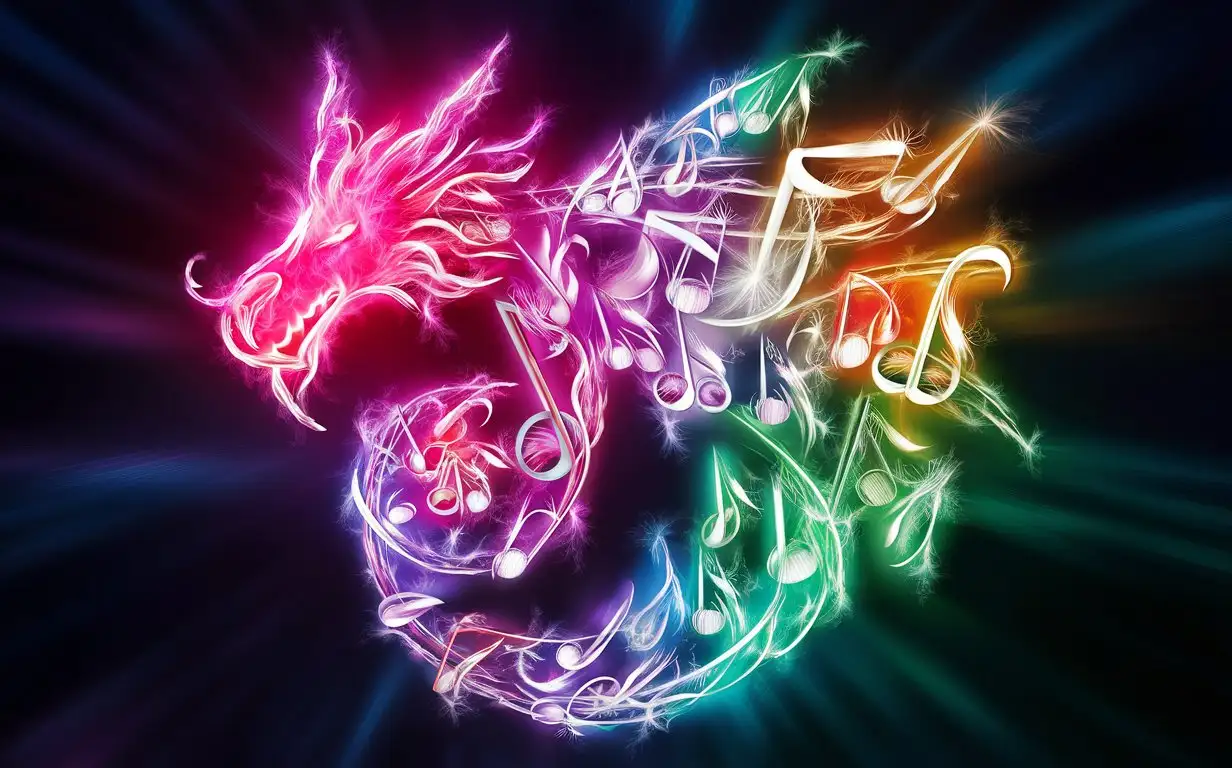 logo "ubidragon music" made of colorful glowing music notes