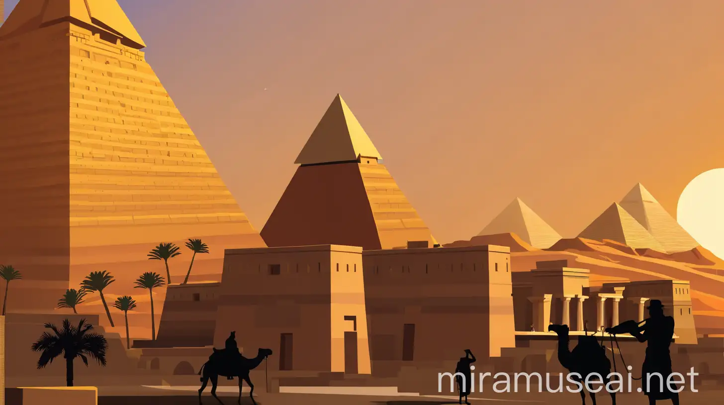 Mixed style of flat vector art and travel poster: recreation of ancient city of Giza