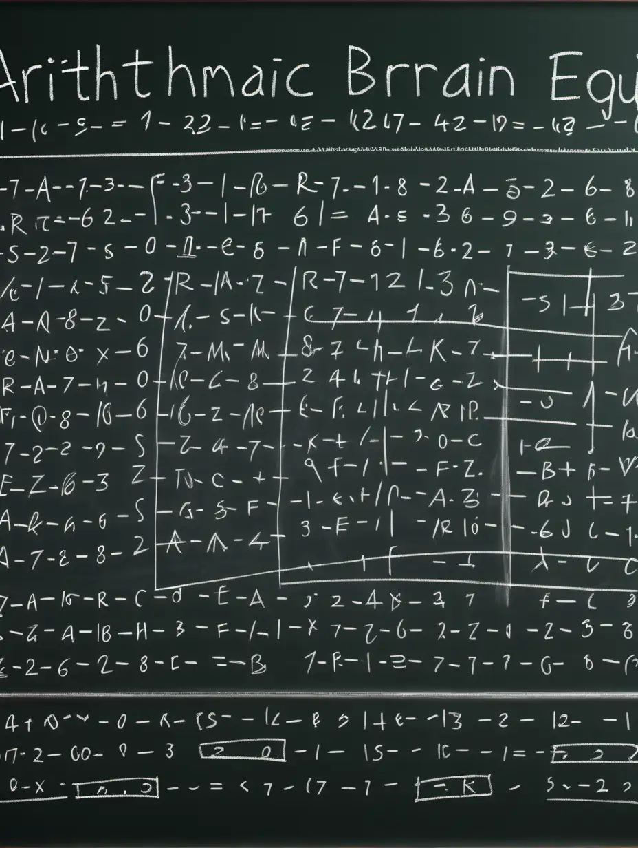 background: a blackboard filled with arithmetic equations, and in the middle of the board there is a sketch on the board, in chalk, of the human brain.