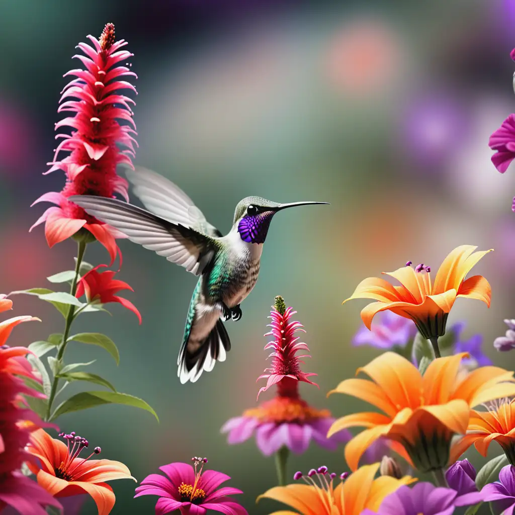 a humming bird flying among the flowers