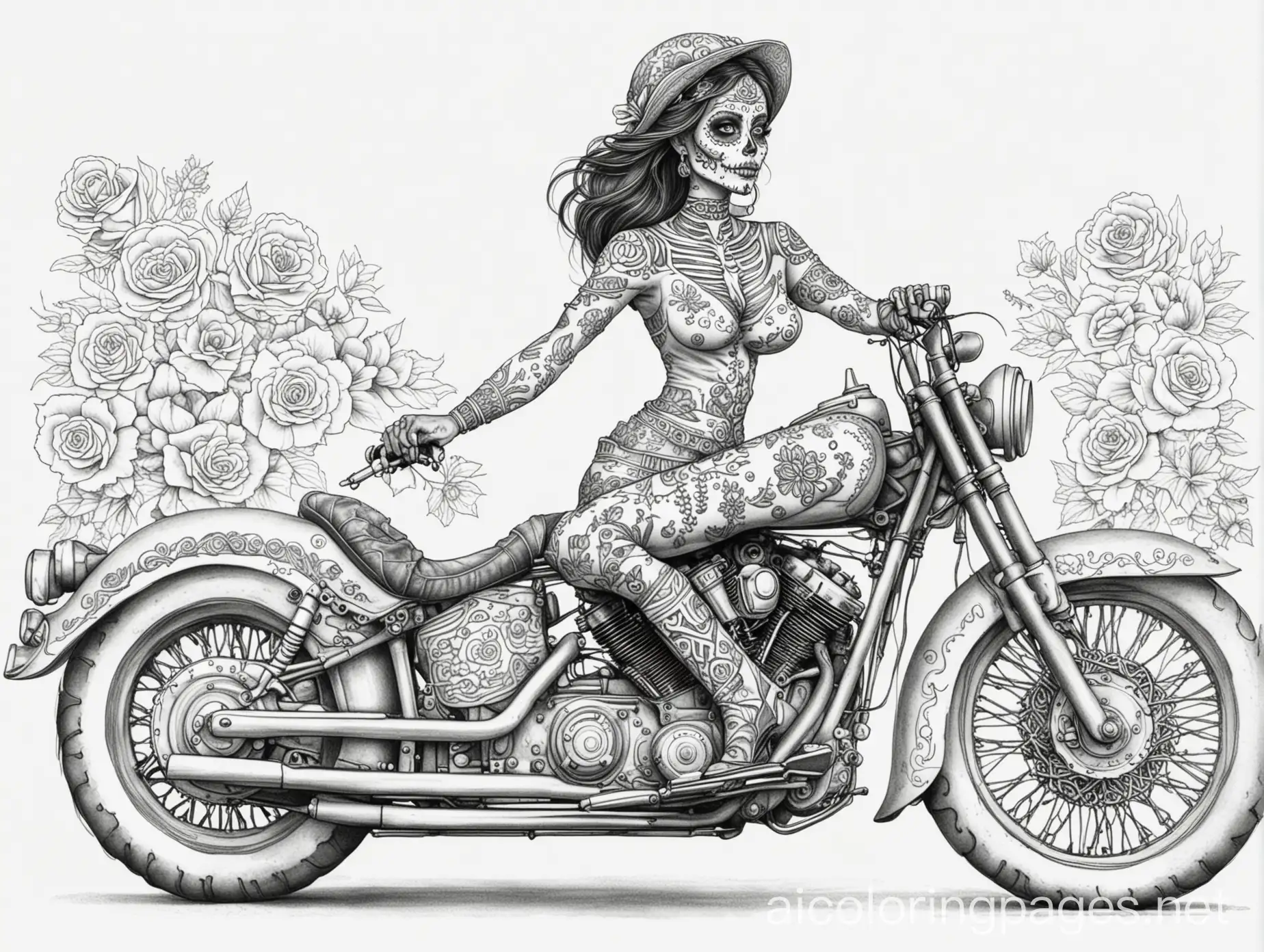Day of the dead woman on a motorcycle , Coloring Page, black and white, line art, white background, Simplicity, Ample White Space. The background of the coloring page is plain white to make it easy for young children to color within the lines. The outlines of all the subjects are easy to distinguish, making it simple for kids to color without too much difficulty
