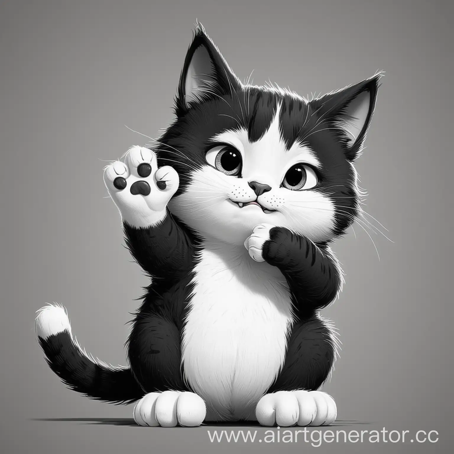 мультяшный кот в черно-белом цвете вылизывает ногу, кот похож на кота саймона