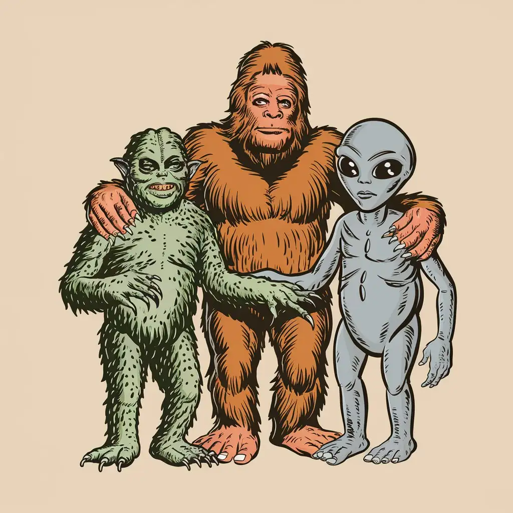 comic book style vintage cartoon drawing of a creature from black lagoon, big foot and alien together very simple drawing with many details