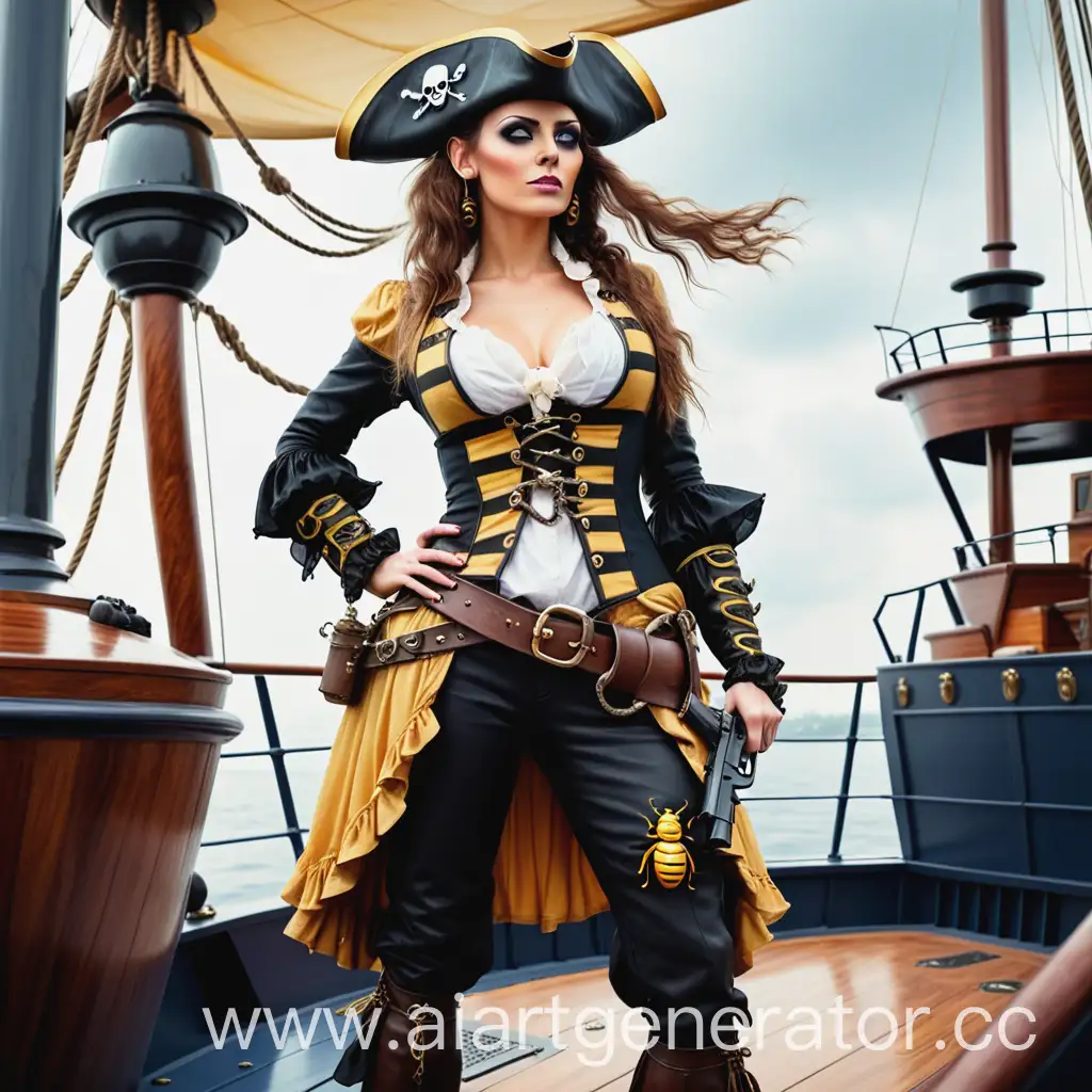 Красивая Пират-женщина в стиле пчелы
 стоит на корабле с пистолетом 