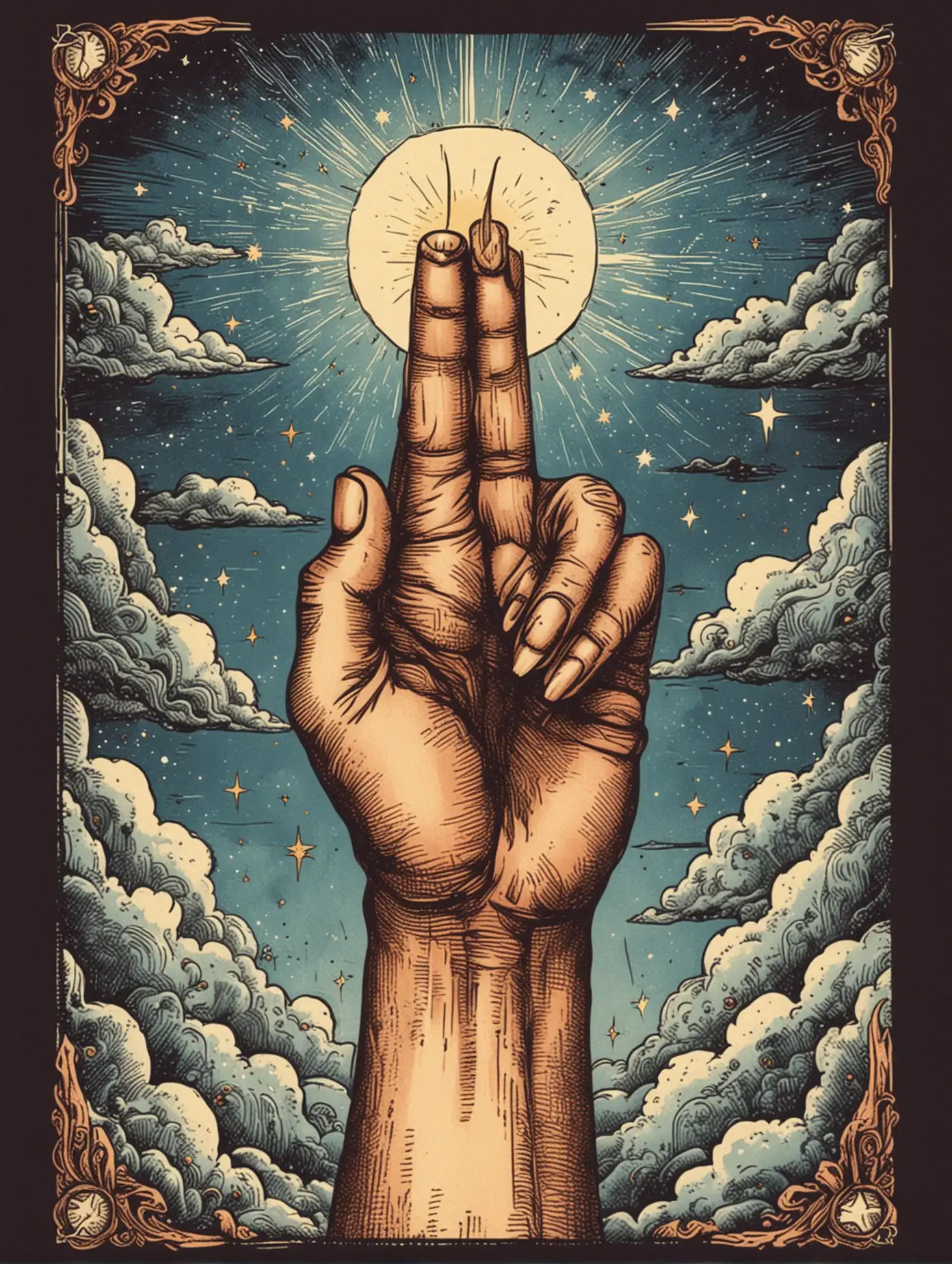 Vintage HandDrawn Tarot Card Sky Middle Finger Illustration