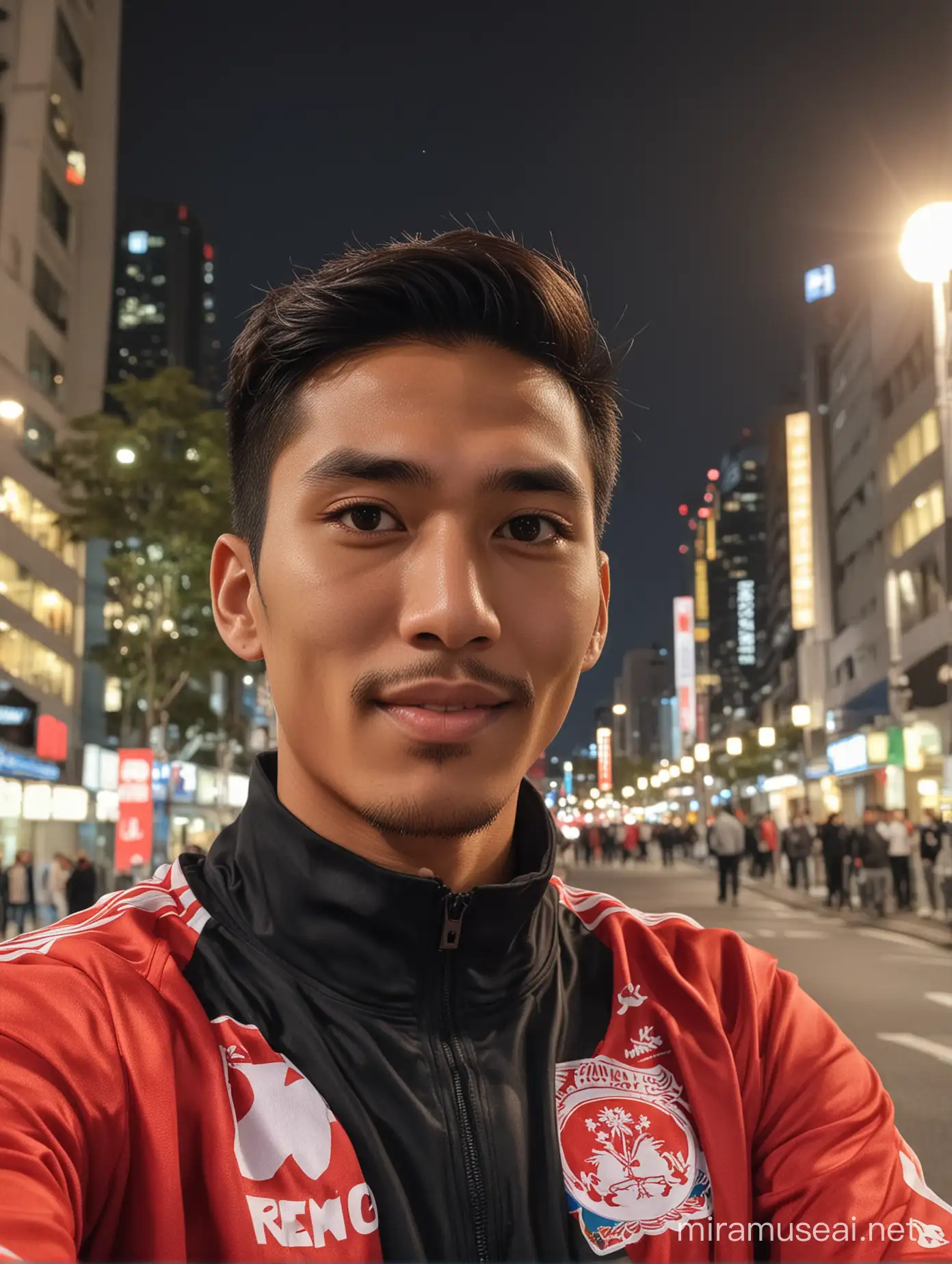 A handsome young Indonesian man, 25 years old, wearing an Indonesian national team jersey, facing the camera (Selfie).  photo with a man, 50 years old, wearing a braif, wearing a black jacket.  they took photos in the city of Tokyo at night.  8K HD quality, original photo.