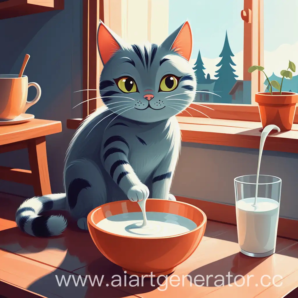 милая кошка пьет молоко из миски возле дома, простой рисунок для детской книги 