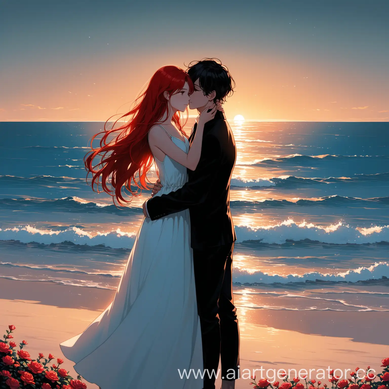 Young-Couple-on-Beach-at-Dusk-Romantic-Moment-with-Short-Redhaired-Girl-and-Young-Boy-in-Black