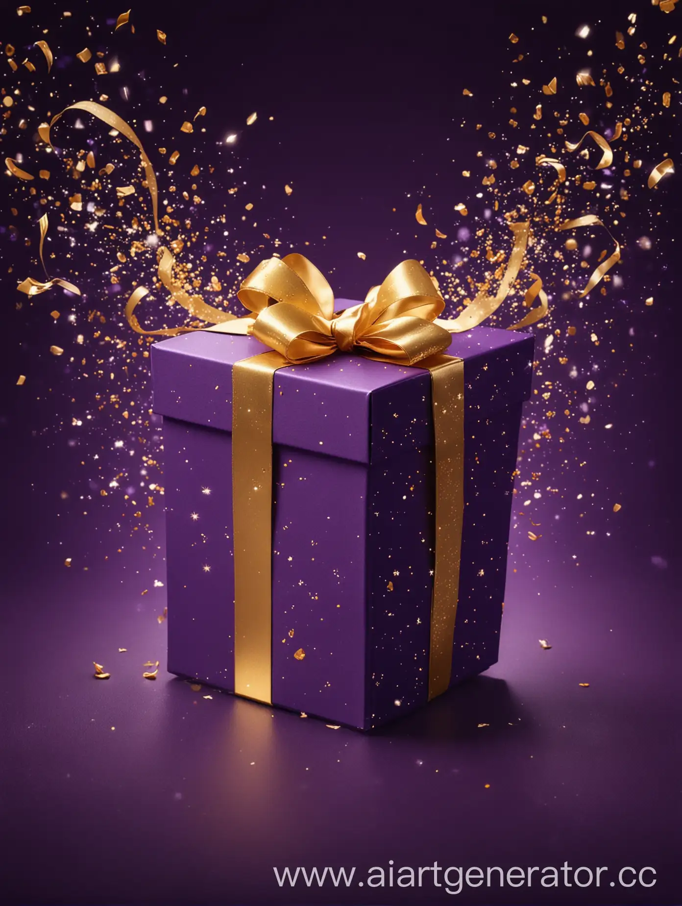 темно фиолетовый фон, фиолетовая подарочная коробка с золотой лентой, коробка открыта, в нее летят золотые блестки