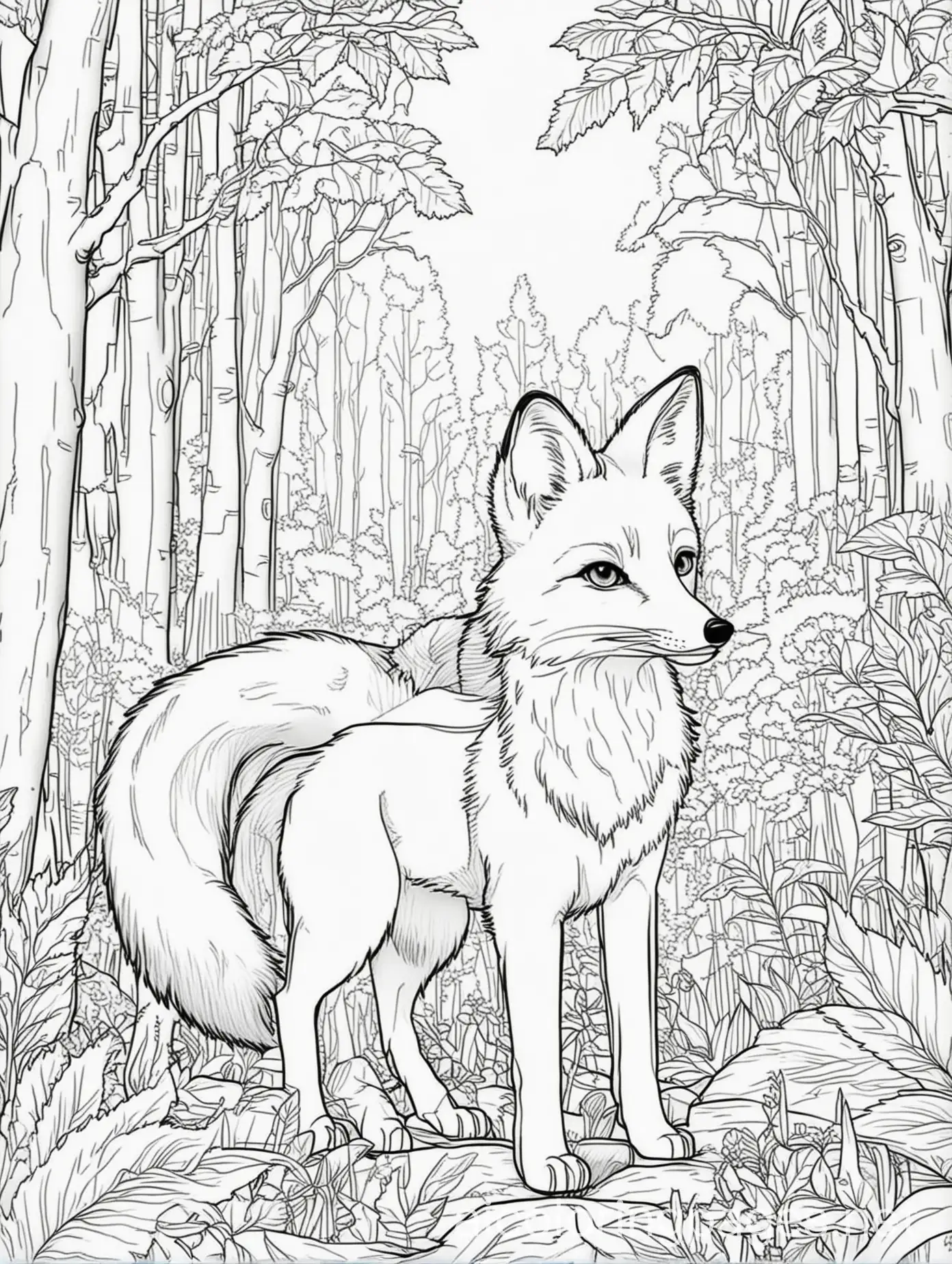 AN ANIMAL FOX IN THE FOREST, Coloring Page, black and white, line art, white background, Simplicity, Ample White Space. The background of the coloring page is plain white to make it easy for young children to color within the lines. The outlines of all the subjects are easy to distinguish, making it simple for kids to color without too much difficulty