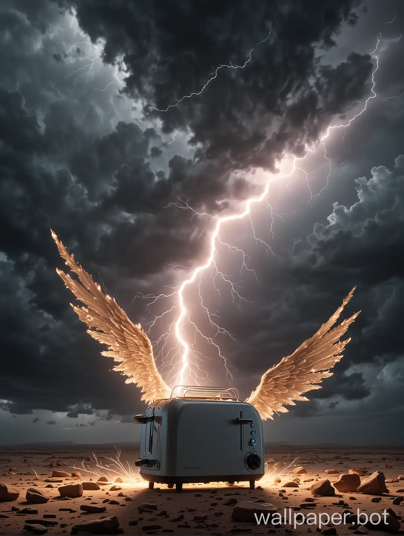 generate a toaster with wings in the stormy sky which is getting shock by an lightning