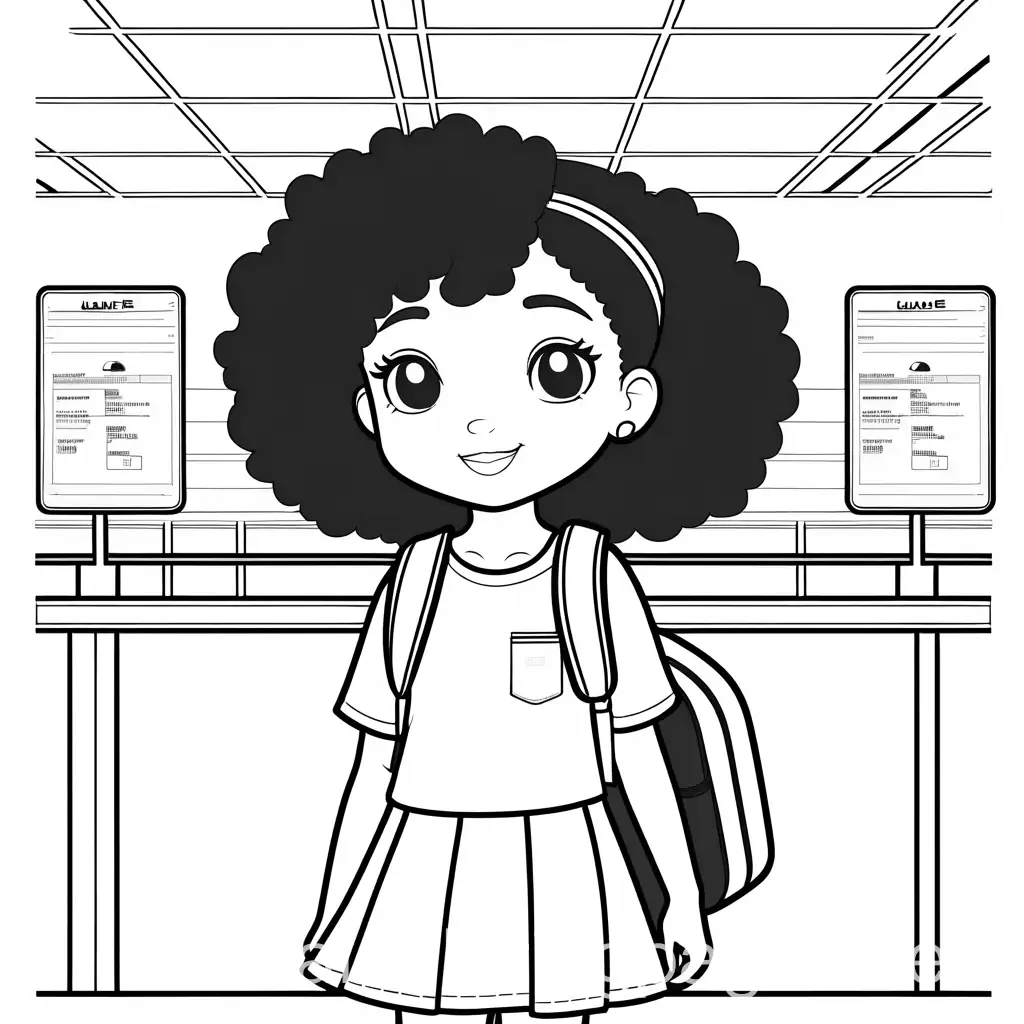 Curly-Haired-Kawaii-Style-Girl-at-the-Airport-Coloring-Page