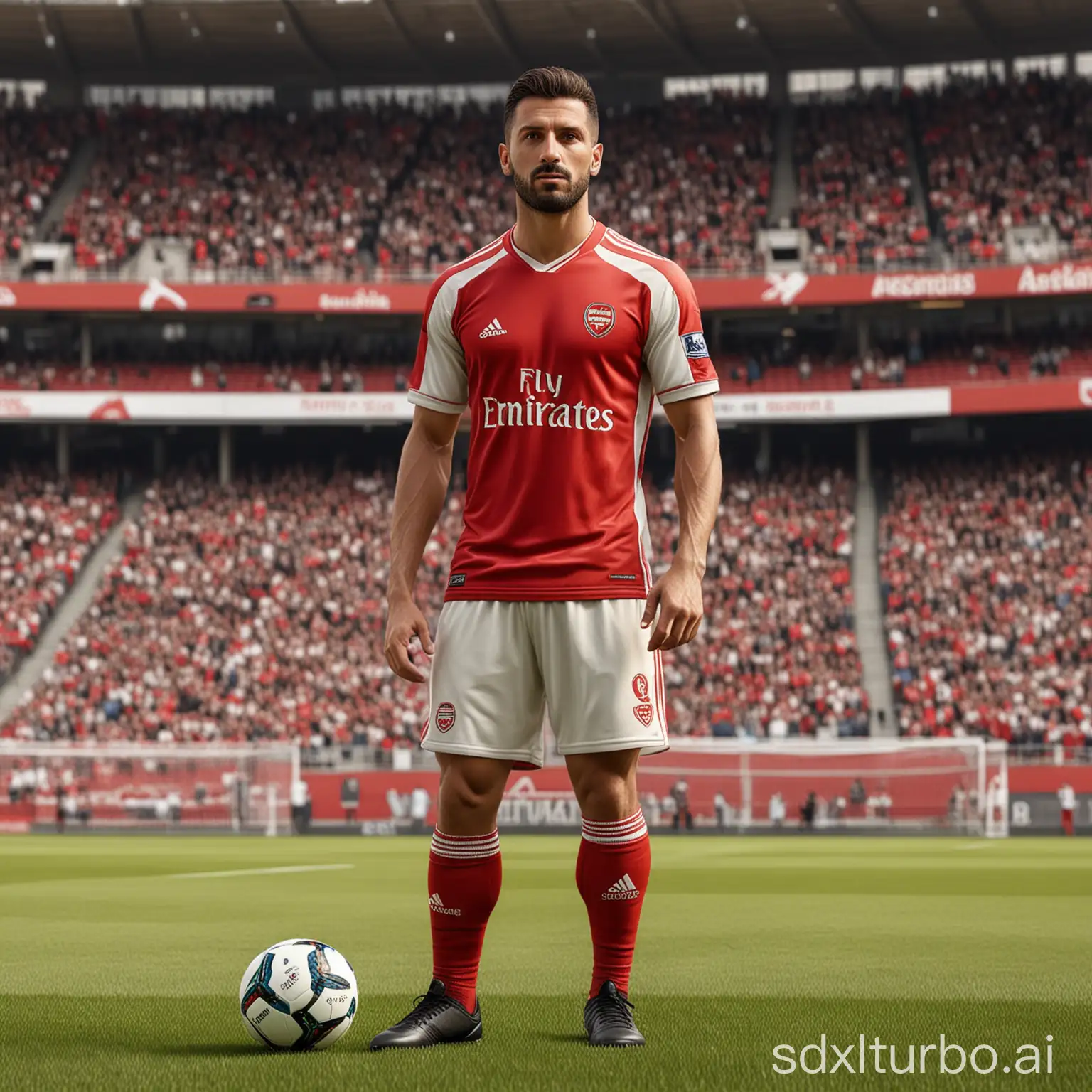 Realistic 4D of 30 - year-old Italian man, brown skin, wearing "Arsenal" Jersey, short Hair, black shocks, adidas football boots, holding ball, football stadium background, 8k resolution, oil painting
