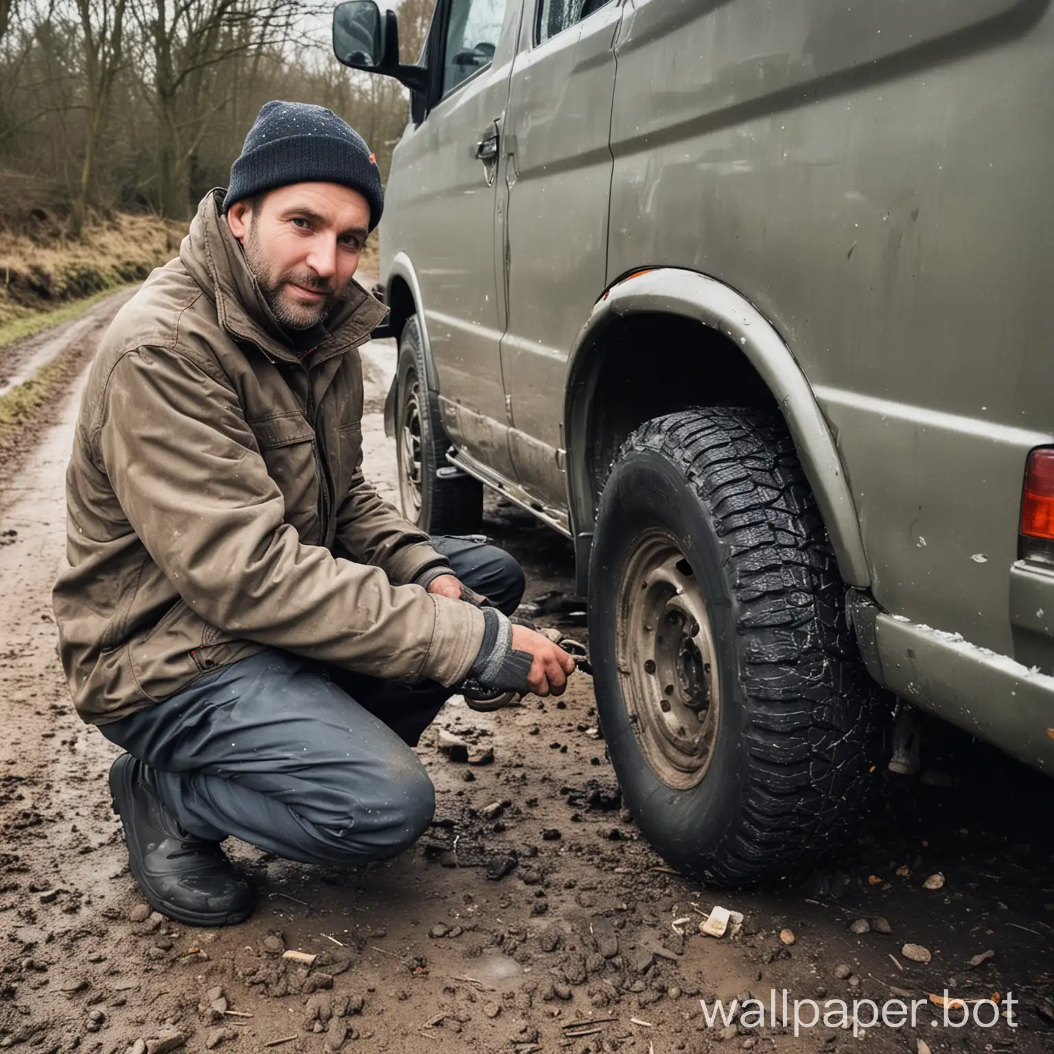 switching winter tyres on his van in a hole