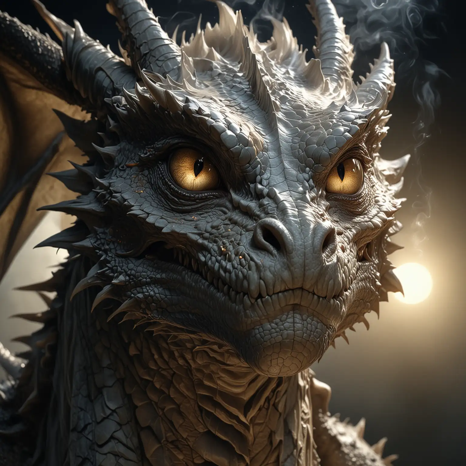 Portrait, ses deux yeux face camera, hyperréaliste de haute qualité, 8K Ultra HD, d'un grand dragon de l'ordre captivant, il a les yeux blancs translucides, de la fumée autour de lui . Le dragon est représenté au clair de lune, ses traits baignant dans une lumière douce et diffuse qui accentue les nuances délicates de son expression, ses yeux fixant la camera. L'artiste, s'inspirant de la précision de Sargent, capture chaque contour subtil de son visage, les subtilités de son regard.