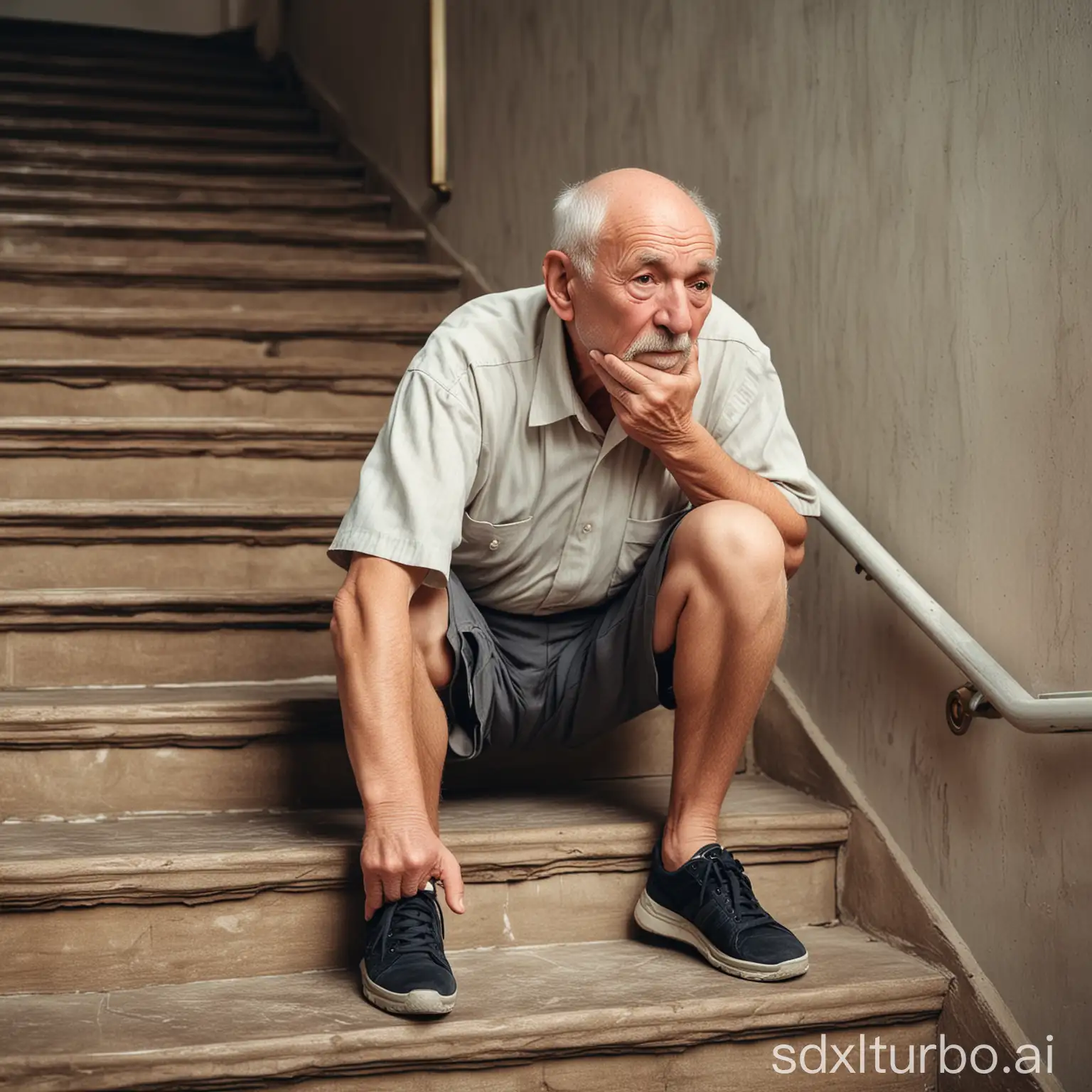 The old man climbs stairs and his knees hurt.