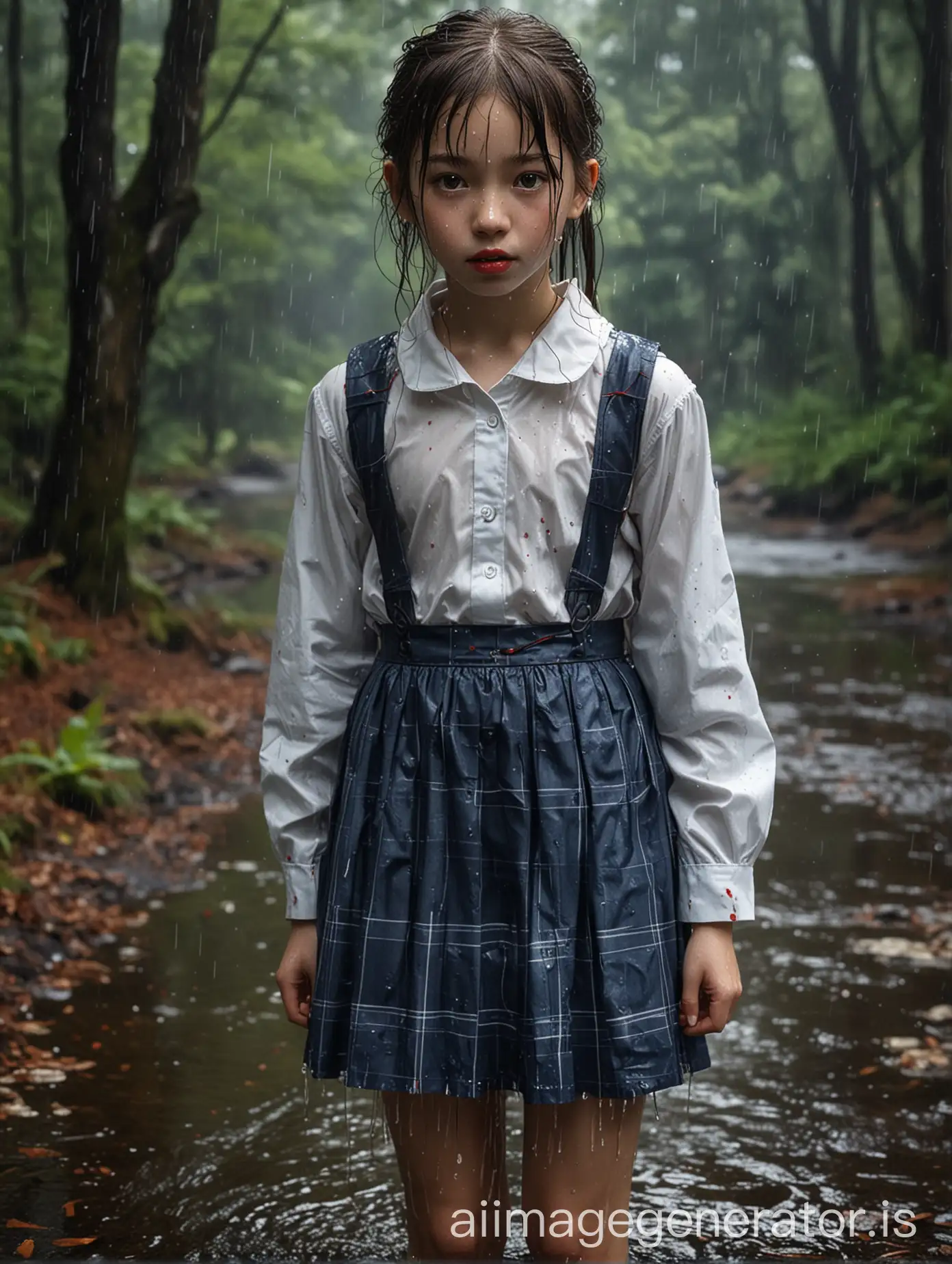 A high-quality, hyperrealistic image shows a young Caucasian-looking girl with Japanese features, around 10 years old, appearing very slim. Her entire body, including her short, wet hair and traditional Japanese school uniform, is soaked from head to toe after stepping out of a forest lake in the rain. Visible droplets of water and rain create a reflective effect on her clothing, especially her shiny white blouse, blue-plaid skirt, knee-high socks, and blue-and-white striped pinafore.

Despite the heavy rain, she doesn't seem to mind the cold weather as her lips are painted with vibrant red lip gloss, making them look glossy and full. Her dark brown eyes are wide open, giving her an innocent and curious appearance. A large, wet, red satin ribbon is tied in her hair, contrasting with her pale skin.

The image's focus is on the girl's wet clothes and overall drenched appearance, which stands out against the dark and rainy forest backdrop. The picture emphasizes the realism of the water droplets clinging to her uniform, making her look like a living version of a character from an animated movie.