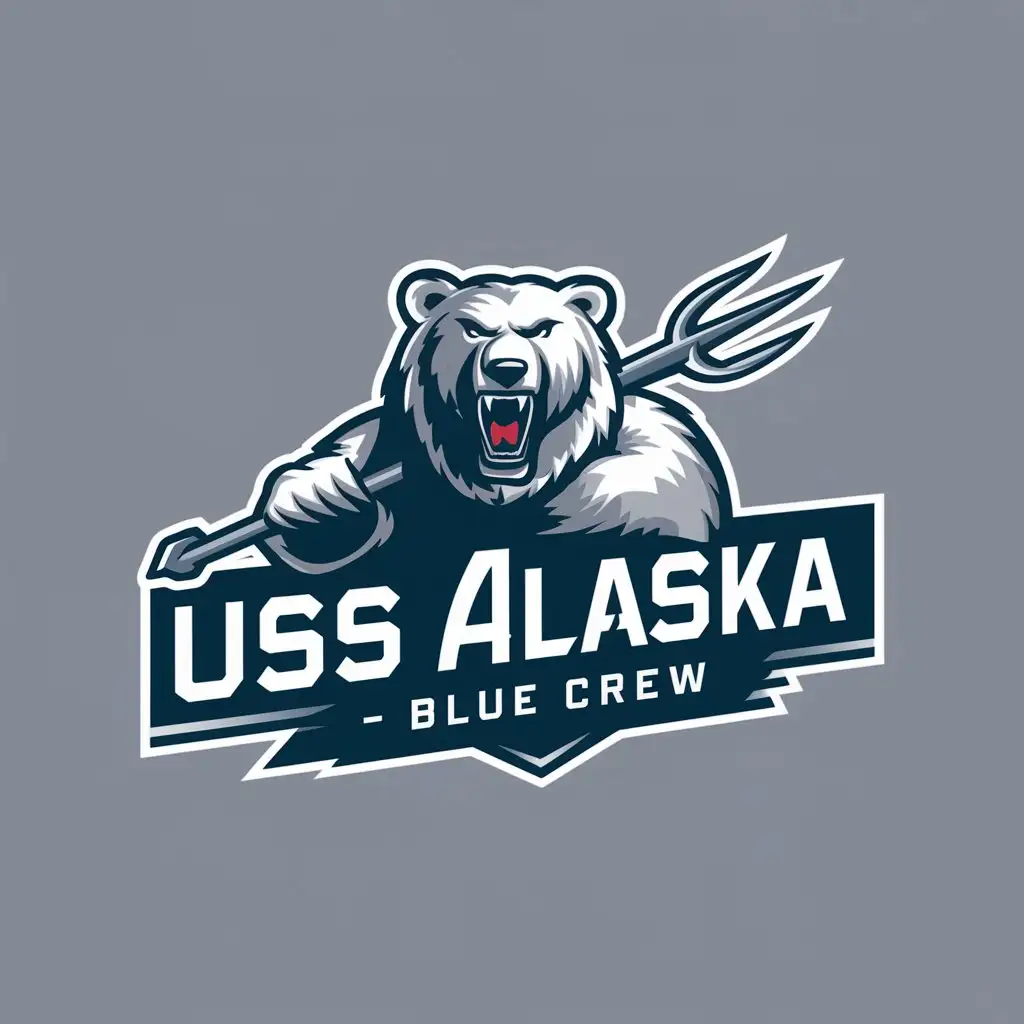 a logo design,with the text "USS Alaska - Blue Crew", main symbol:mean bear with a trident and a blank background,Moderate,clear background