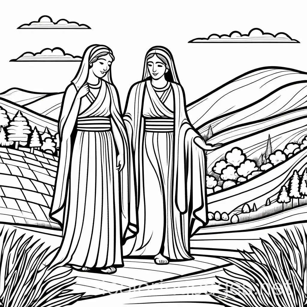 Bible story, Ruth and Naomi, coloring page, black and white, line art, white background, simplicity., Coloring Page, black and white, line art, white background, Simplicity, Ample White Space. The background of the coloring page is plain white to make it easy for young children to color within the lines. The outlines of all the subjects are easy to distinguish, making it simple for kids to color without too much difficulty