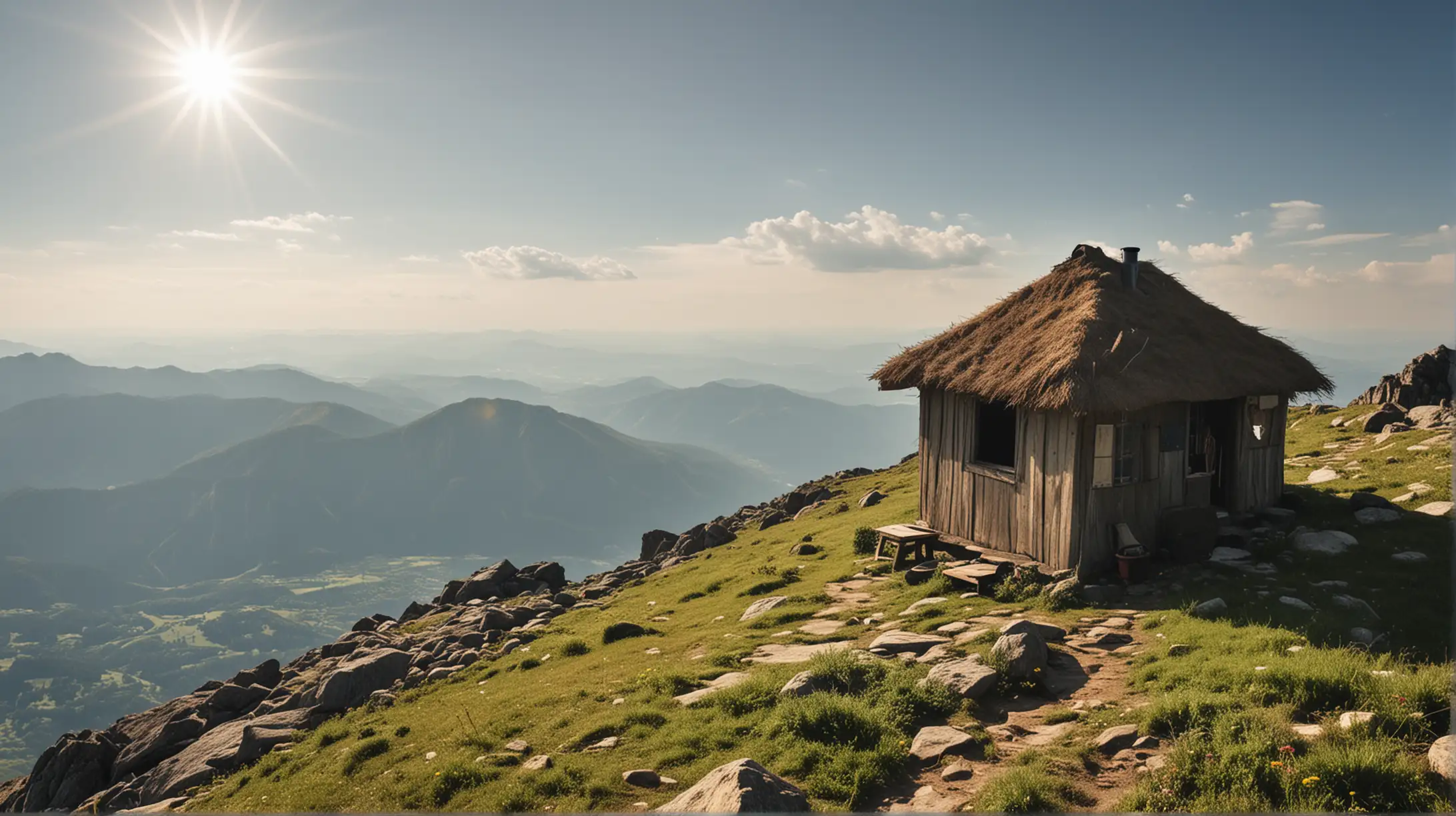 a hut on the top of a high mount, summer, sunny