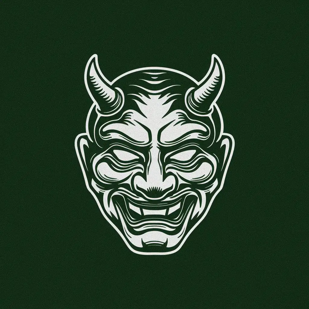 Создай логотип на однотонном фоне, на которой будет изображена японская маска демона, черты лица маски будут как у маски Трагедии и комедии.