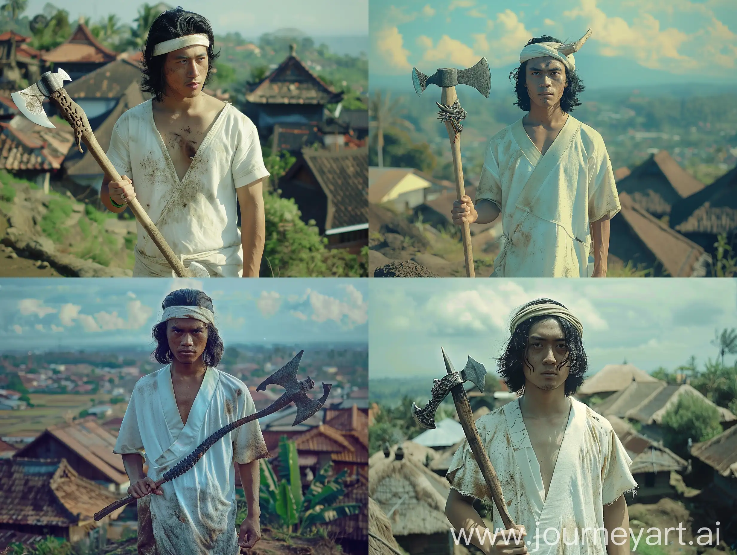 Majapahit-Style-Cinematic-Scene-Indonesian-Man-on-Village-Hill-with-DragonAdorned-Ax
