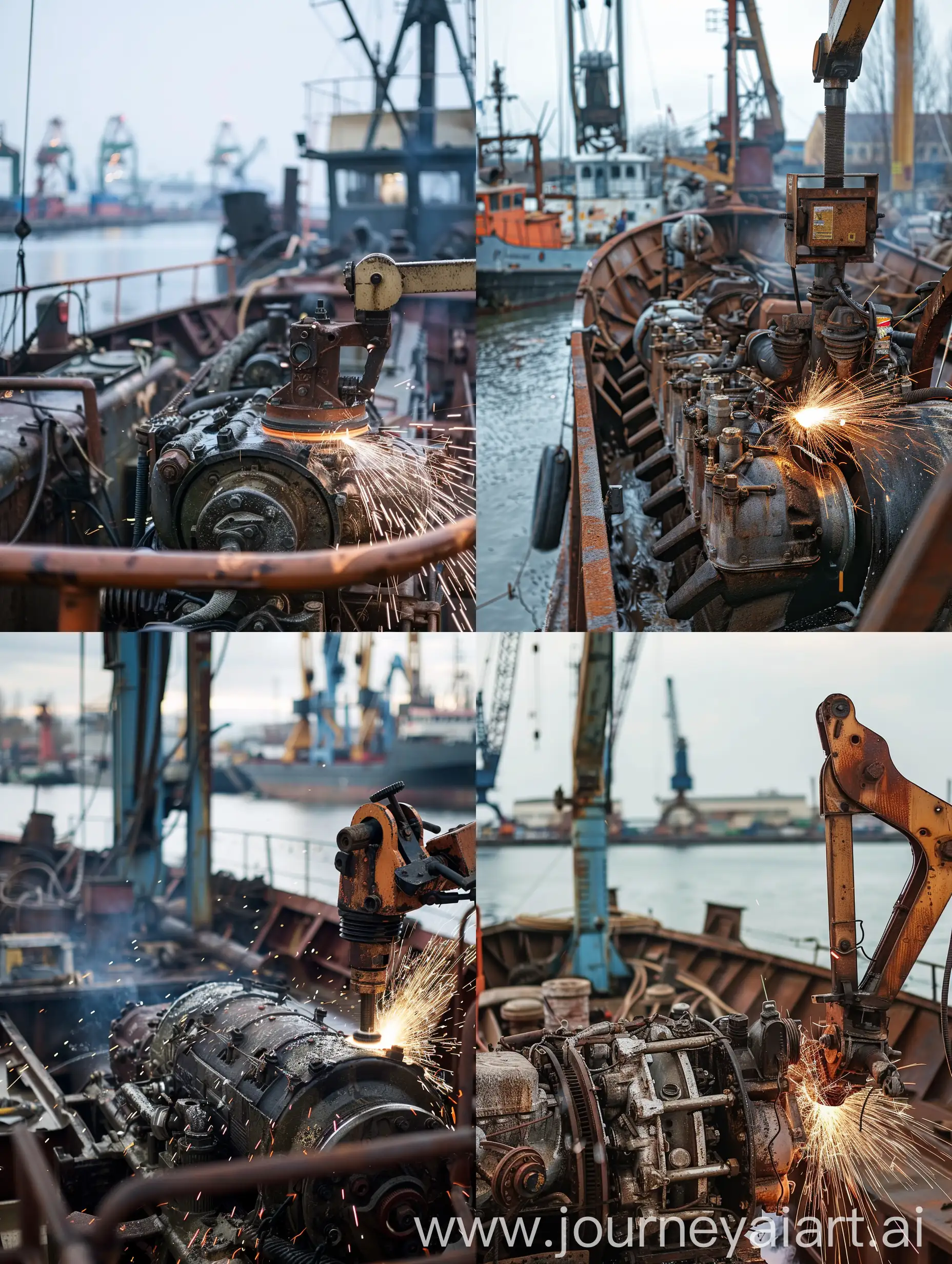 a machine polishes the diesel engine of an old ship, sparks are flying from the right corner, in the background there is a port without people