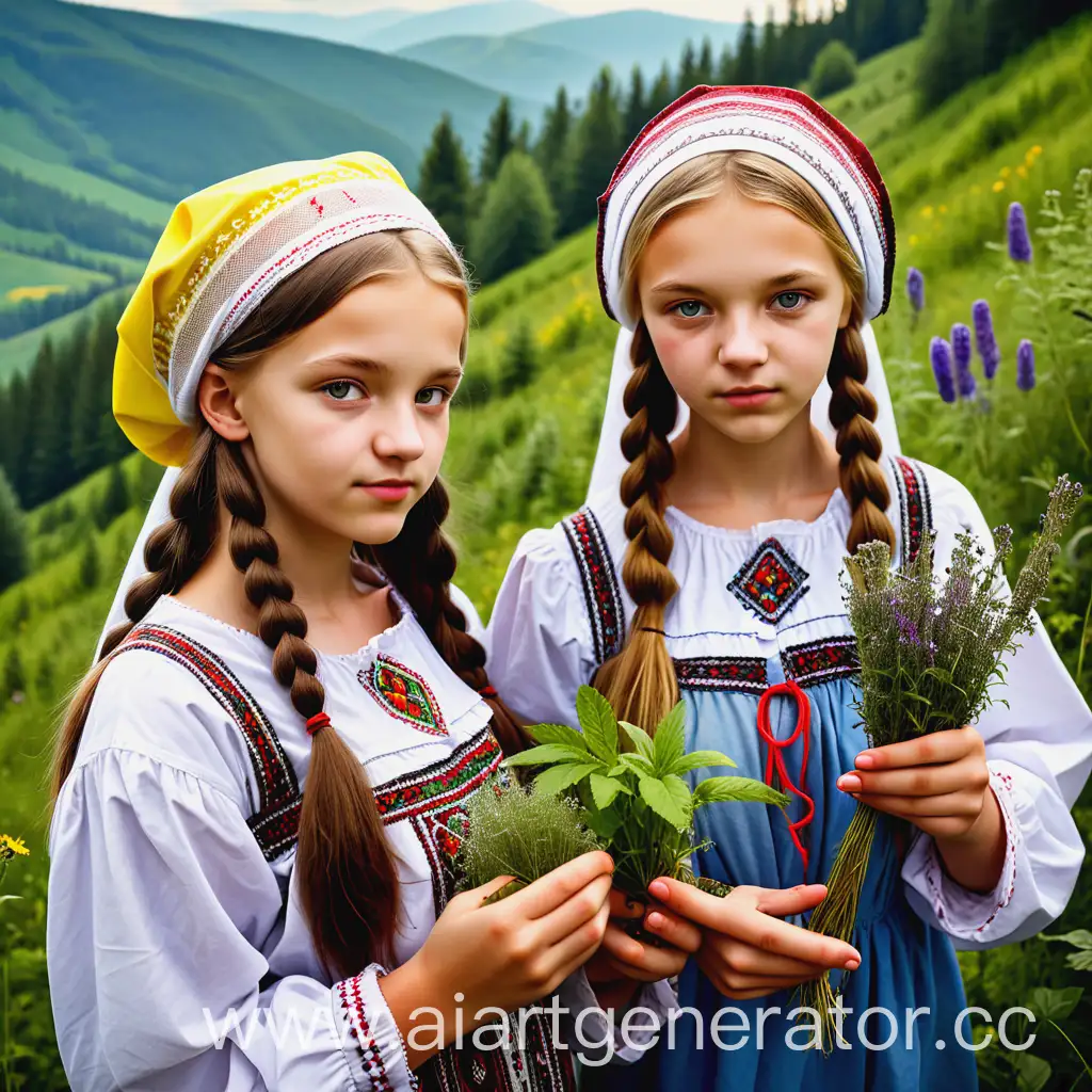 Красивые девочки подростки в украинской одежде собирают лекарственные травы в карпатских горах