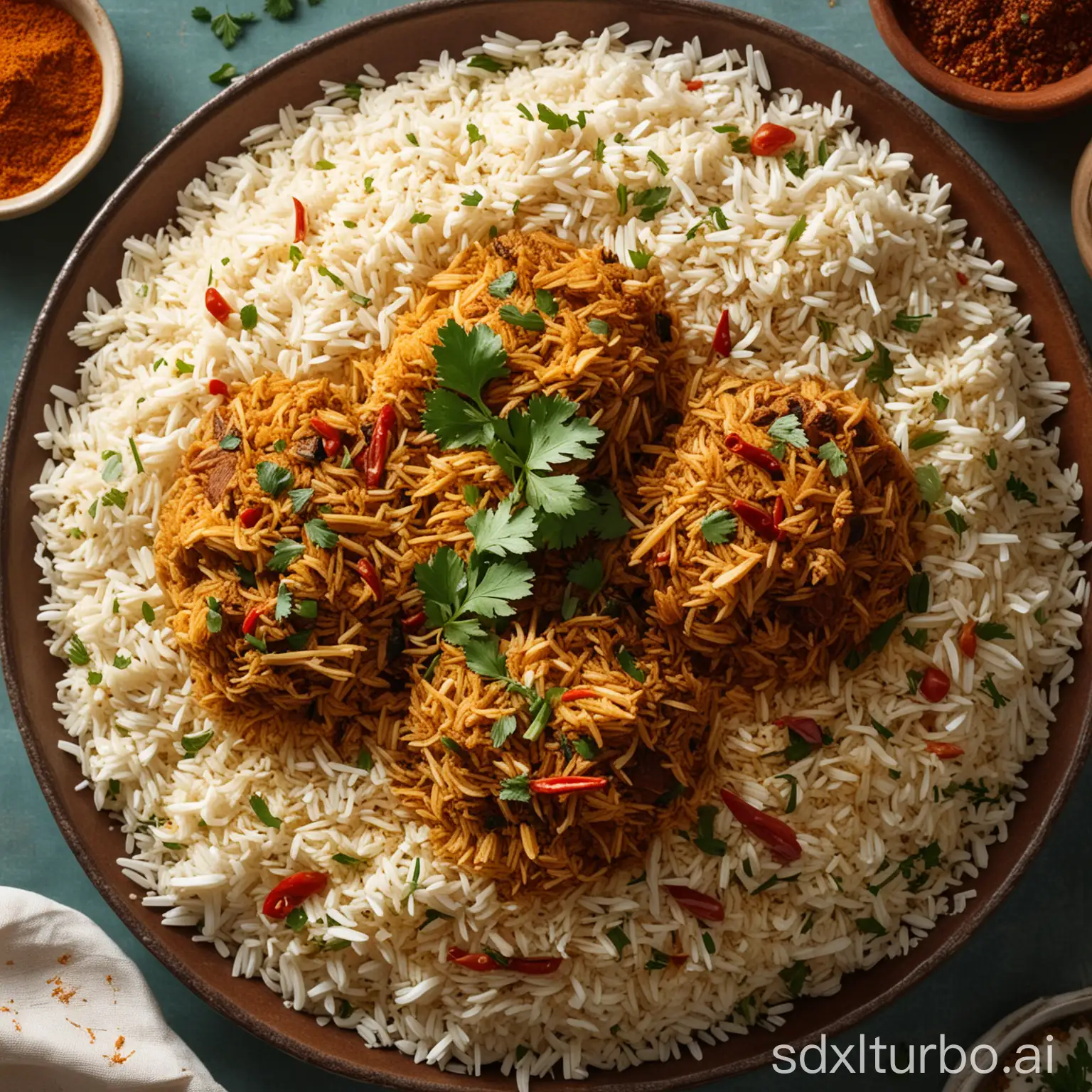 A plate of steaming, fragrant biryani sits on a bed of fluffy white rice. The biryani is garnished with cilantro and a sprinkle of red chili powder, and the aroma is enticing.