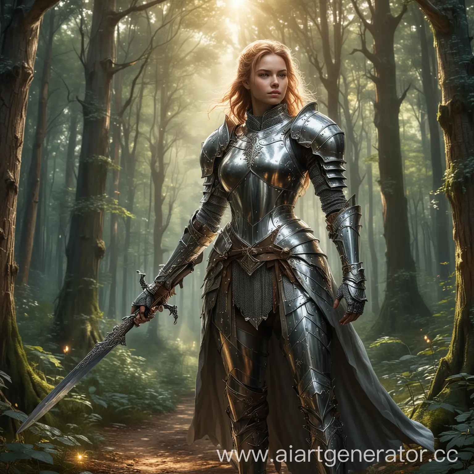 нарисуй рисунок с изображением рыцаря женщины в металлических латах с мечом в левой руке, на фоне сказочного леса