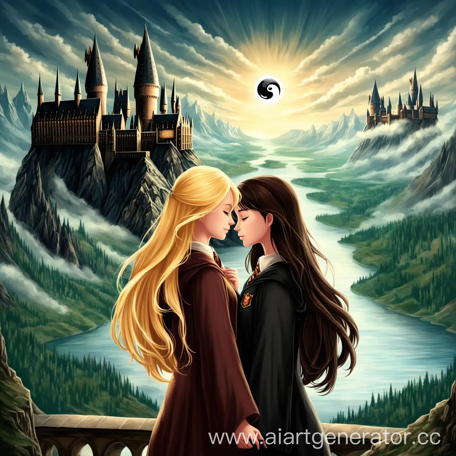 Two-Girls-in-Love-at-Hogwarts-Blonde-and-Brunette-Embrace-in-Magical-Landscape