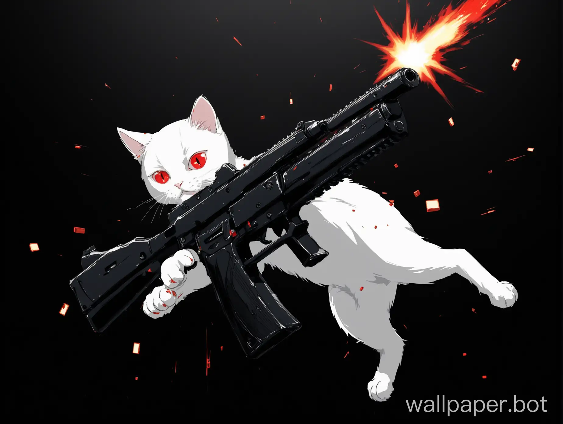 a white cat with red eyes and a black suit holding a gun and shooting literally everything ;with a black background