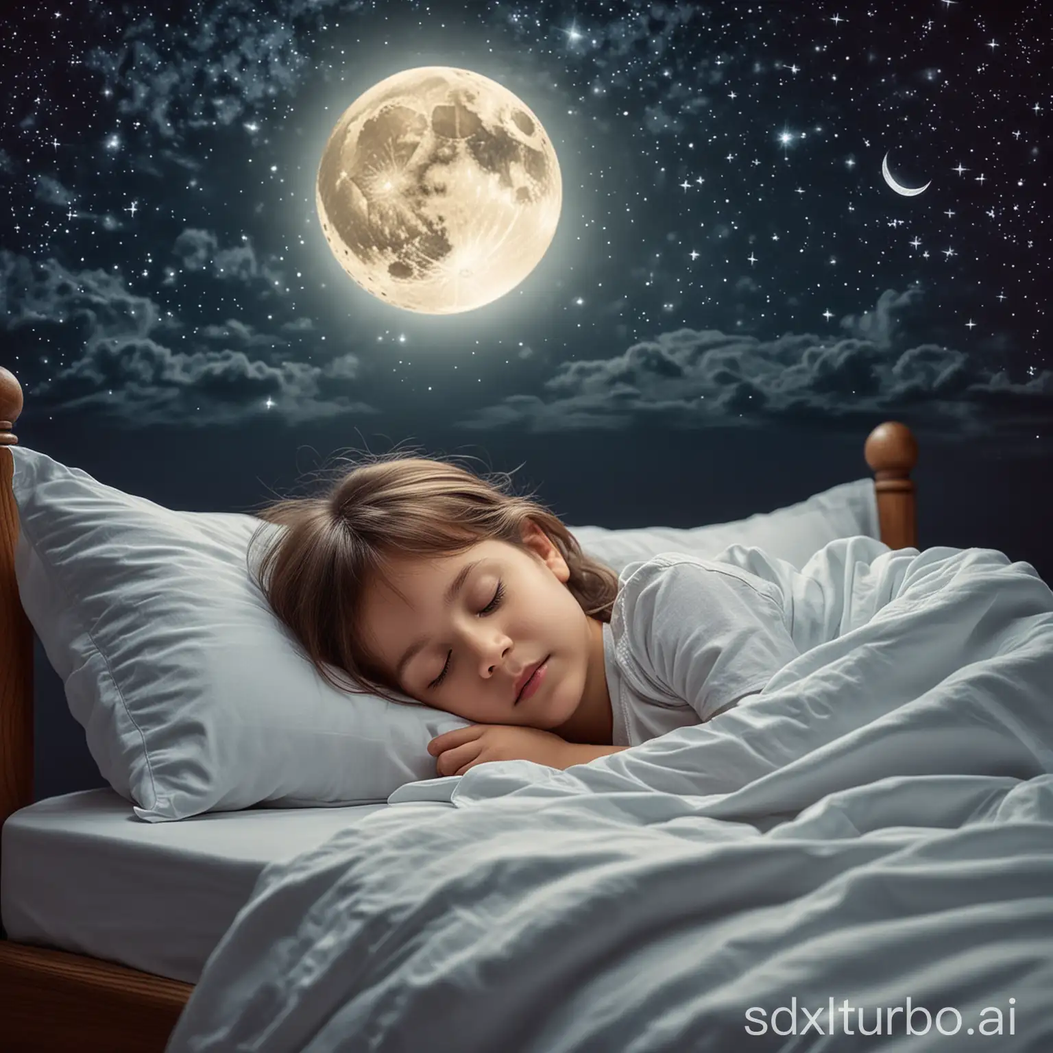 ein Kind im Bett schlafend, träumt von Ferien, draussen ist es Nacht, man sieht den Mond