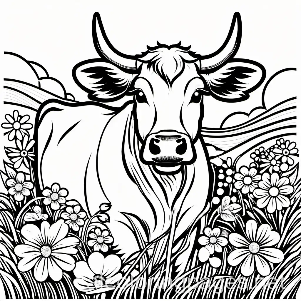 a cow holding strawberries in the grass with flowers all around, Coloring Page, black and white, line art, white background, Simplicity, Ample White Space