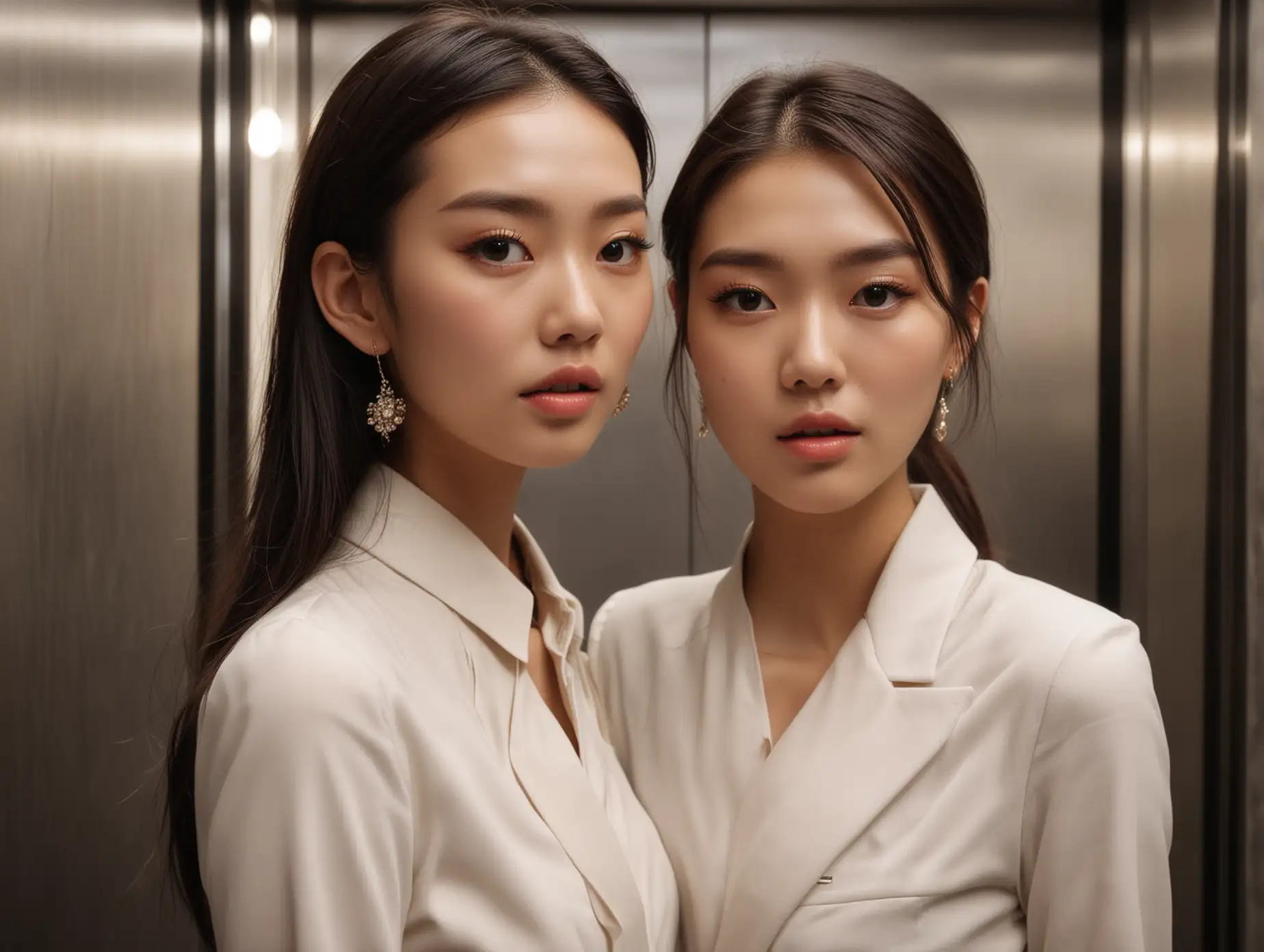 Close up of two faces of willowy shanghai fashion models blushing and staring at the camera in stunned amazement and wonder in the elevator of a fancy office building.