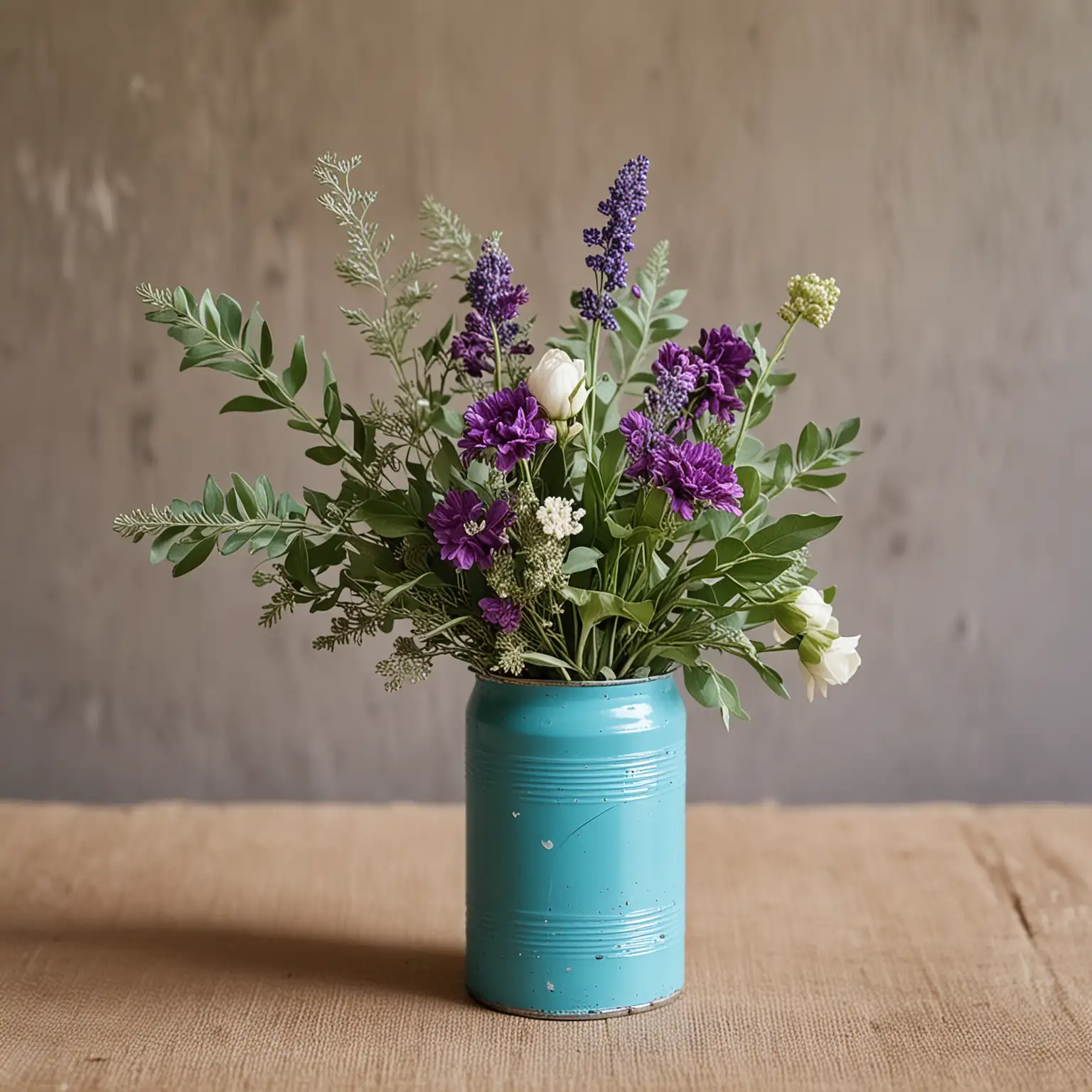 simple tin can vase painted turquoise and purple for a boho wedding centerpiece with a very small bouquet of wild greenery; keep background neutral