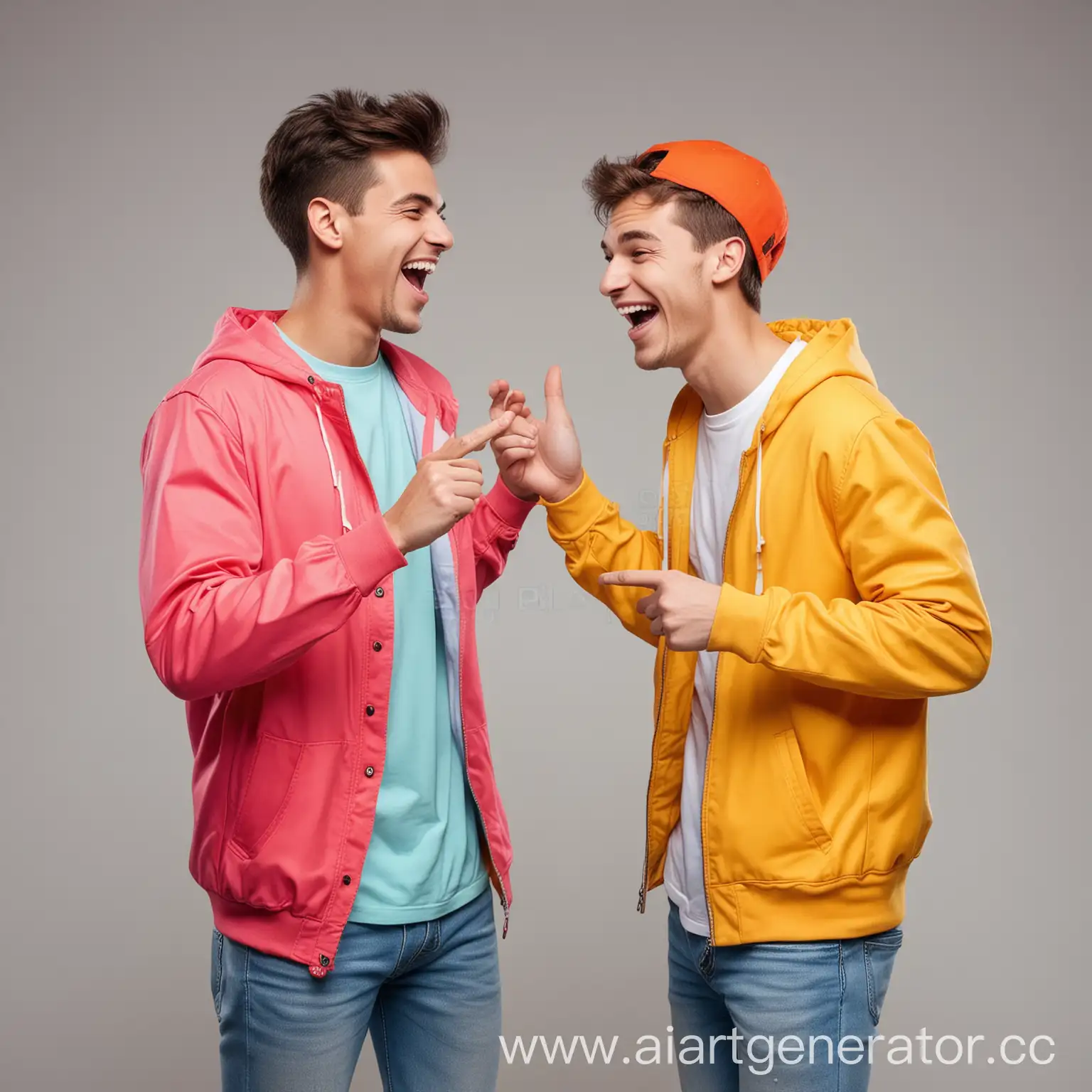 два молодых человека разговаривают друг с другом, активно жестикулируют и смеются. Они одеты в яркую одежду. Без фона
