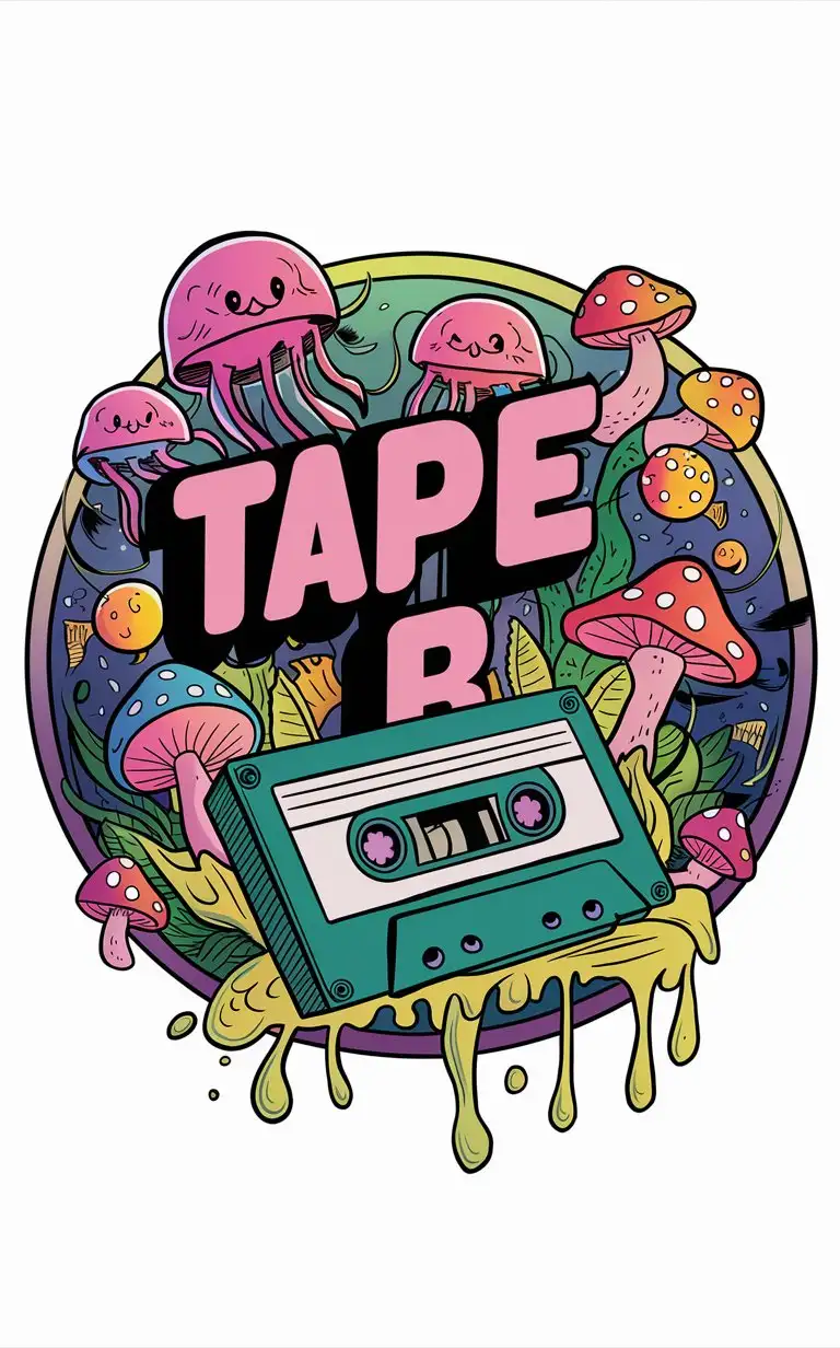the words "Tape B" with jellyfish, mushrooms a cassette tape. surrounded by a circle. cartoonish with neon colors dripping slime