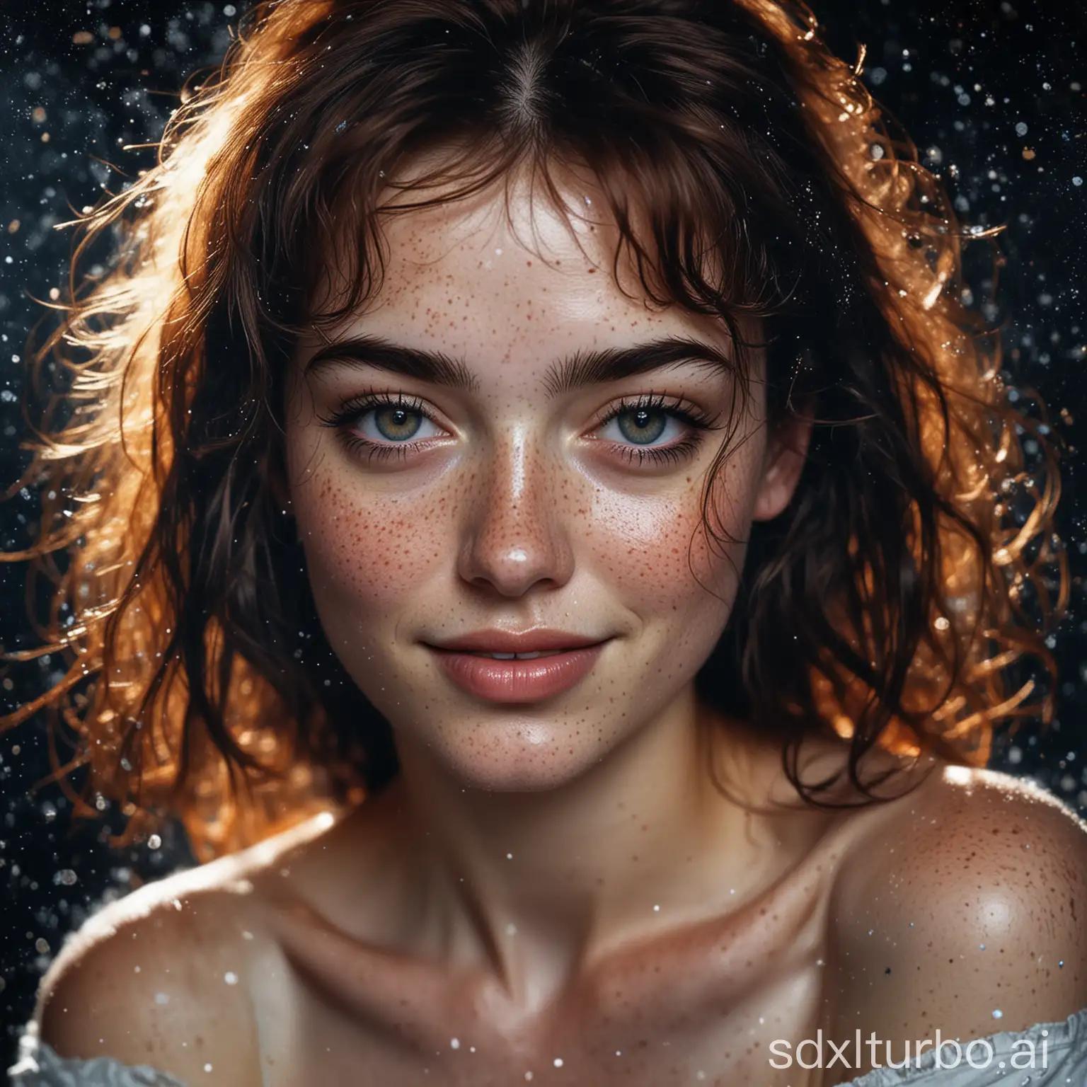 A stunning portrait of a radiant woman, her luminous smile and soulful hazel eyes captivating the viewer, a constellation of freckles dusting her skin like stardust, In the soft embrace of light, she emerges: a vision of loveliness framed by the inky curtain of her bangs, her features painted in bold strokes of shadow and highlight,
