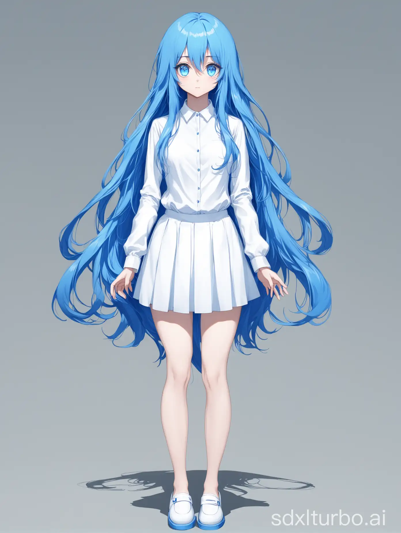 blue long hair, blue double eyes, white long sleeved shirt, white short skirt, full body picture