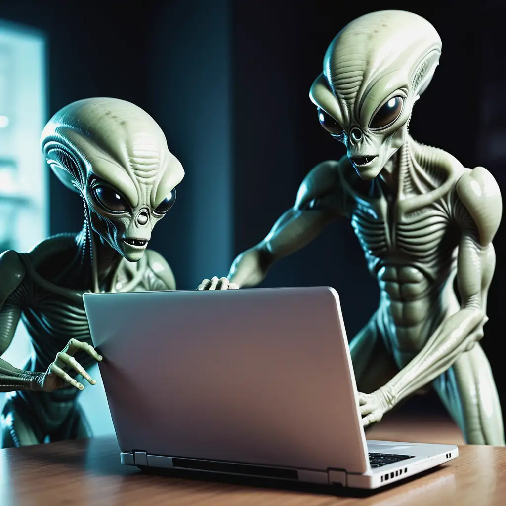 Aliens using a laptop to find top secret information about car insurance