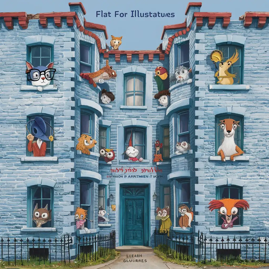 Here is the updated prompt, focusing solely on the rear view of the building:

Design a whimsical and colorful book cover illustration featuring only the rear view of a charming, rundown apartment building. The exterior walls should be depicted using light blue bricks, creating a distinct and eye-catching appearance. Various quirky animal characters, such as a scholarly cat wearing glasses, a talkative parrot, an elegant squirrel, and other peculiar creatures, should be seen peeking out of the windows on the back side of the building. The illustration should capture the essence of the children's classic "Flat for Rent" by Leah Goldberg, which tells the story of two kids, Danny and Shmulik, who go on a humorous adventure to find a new tenant for their old, neglected apartment. The overall style should be playful and vibrant, with a touch of vintage charm reminiscent of classic Israeli children's book illustrations. The design should evoke a sense of friendship, acceptance, and the celebration of uniqueness, which are the core themes of this beloved story. This prompt focuses exclusively on the rear view of the building, with its light blue brick façade and the animal characters in the windows, to help the software generate a captivating and unique cover illustration that captures the spirit of "Flat for Rent."
