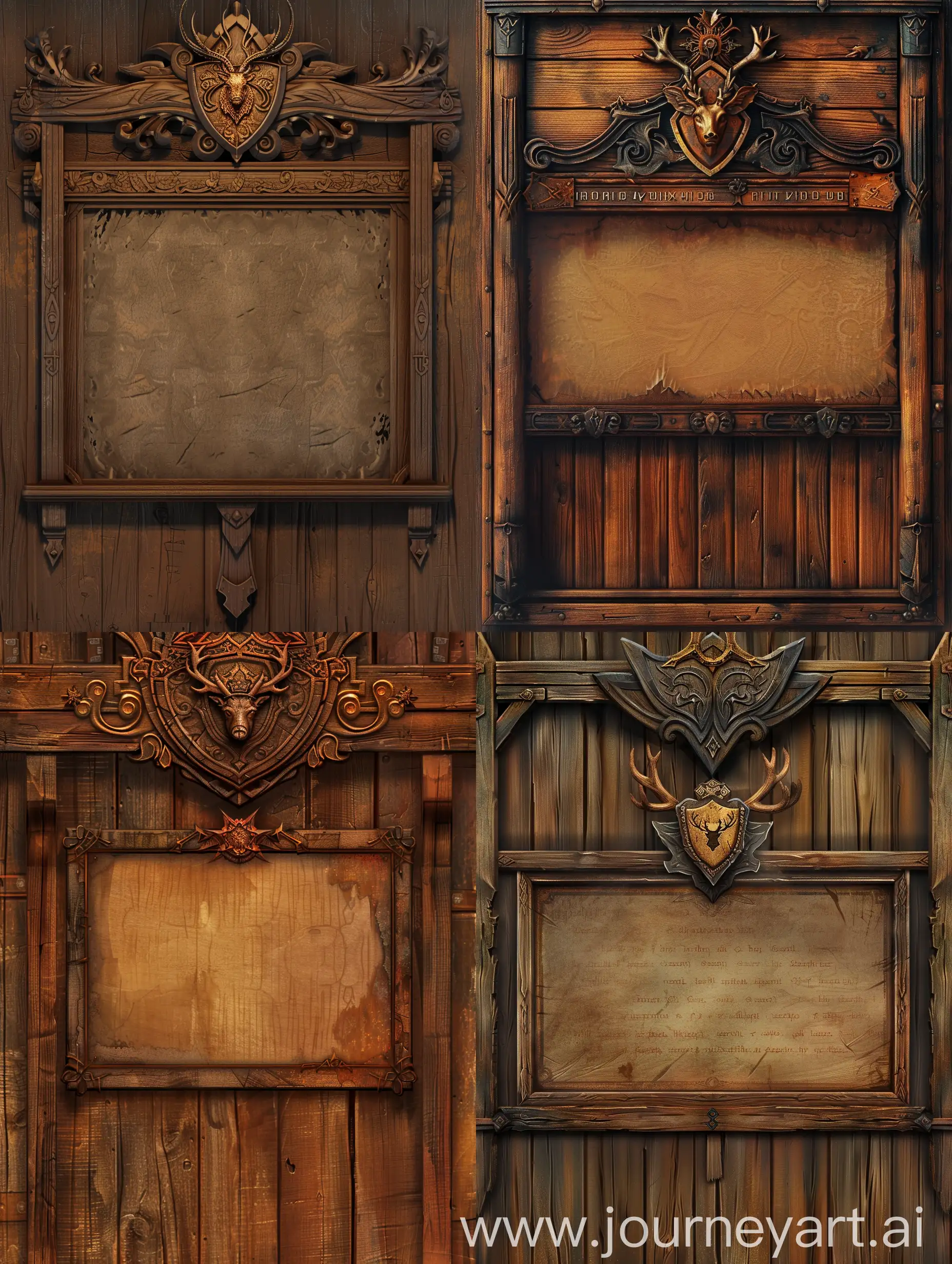 Create a banner image for a fantasy game guild. The image should depict a wooden notice board with an ornate top section that has a shield-shaped crest in the center featuring a stag's head. The notice board itself should be blank, allowing for text to be added later.  The overall dimensions of the image should be 1920x1080 pixels. Use a warm, earthy color palette with natural wood tones. Include detailed textures and weathering effects to make the notice board look authentic and aged. Pay close attention to lighting and shadows to make the design look realistic and three-dimensional.  The focus should be on the ornate top section and the blank notice board area. Avoid overly busy or cluttered backgrounds that would distract from the main elements.