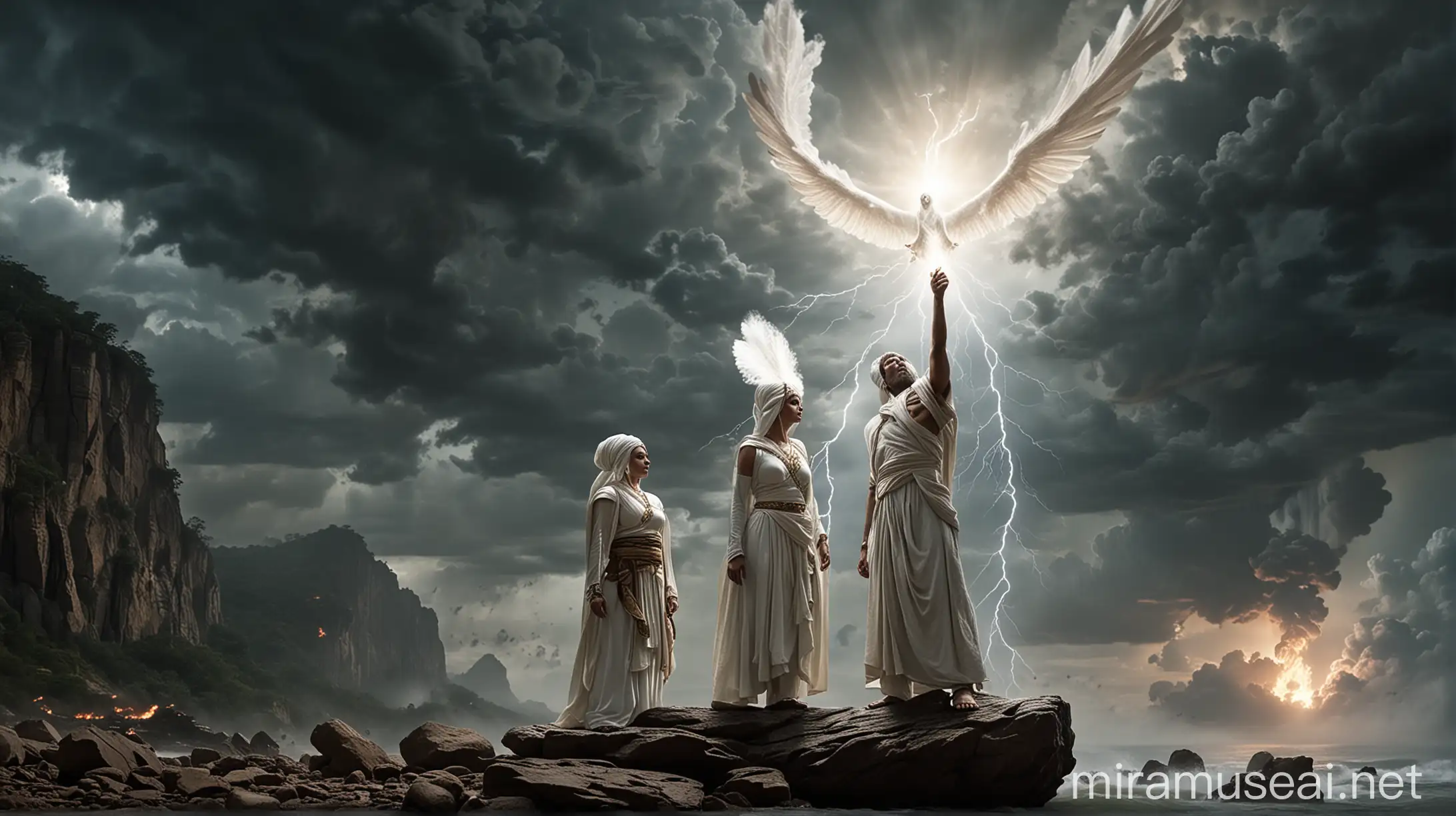 This image depicts a dramatic and intense scene with two main characters. The figure in front looks smaller and wears a white turban, and stands on a rock, looking towards the larger figure. The larger figures look angelic or divine, with wings that radiate light. A powerful flash of energy or lightning connects the two figures. The sky is dark and cloudy, adding intensity to the scene. Fire and smoke rise from below, indicating destruction or conflict.