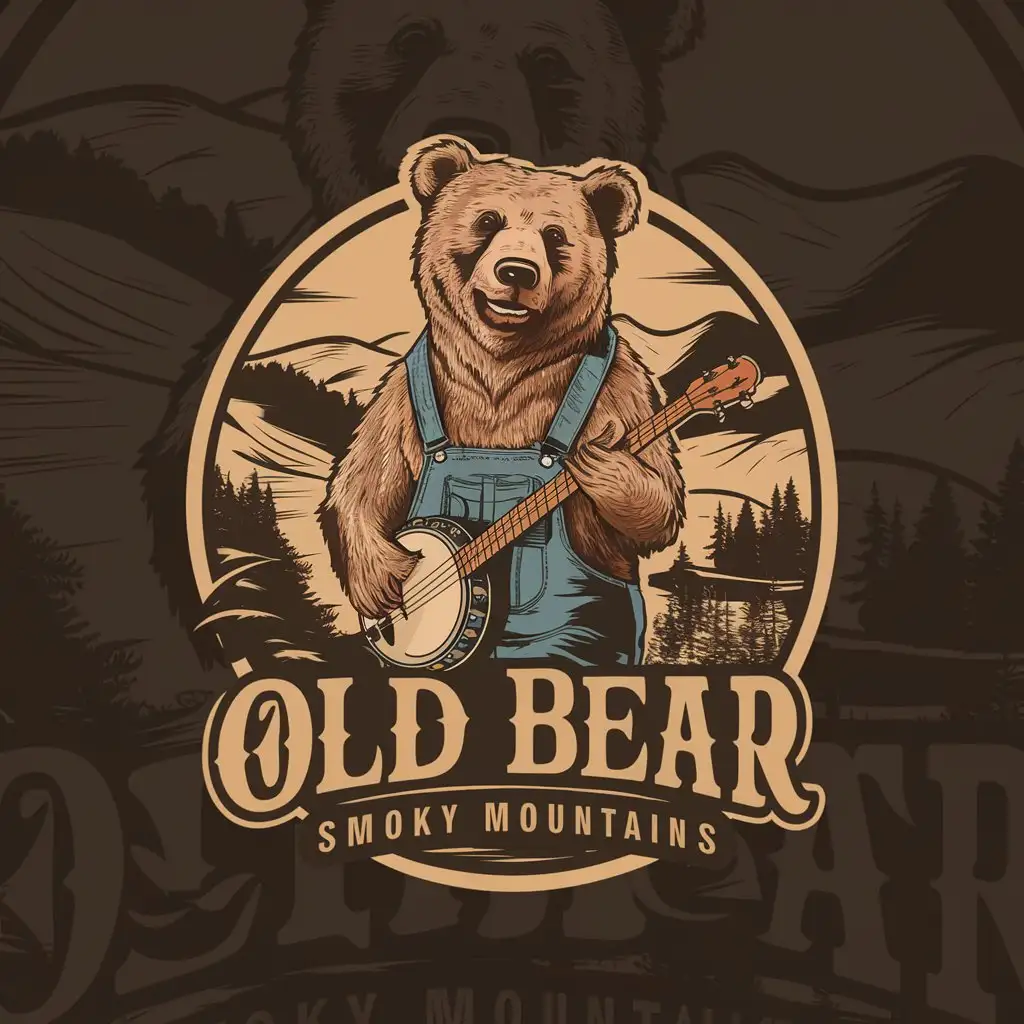 a logo design,with the text 'Old Bear Smoky Mountains', main symbol:bear wearing overalls playing banjo with rolling hills and trees in background,complex,be used in Retail industry,clear background