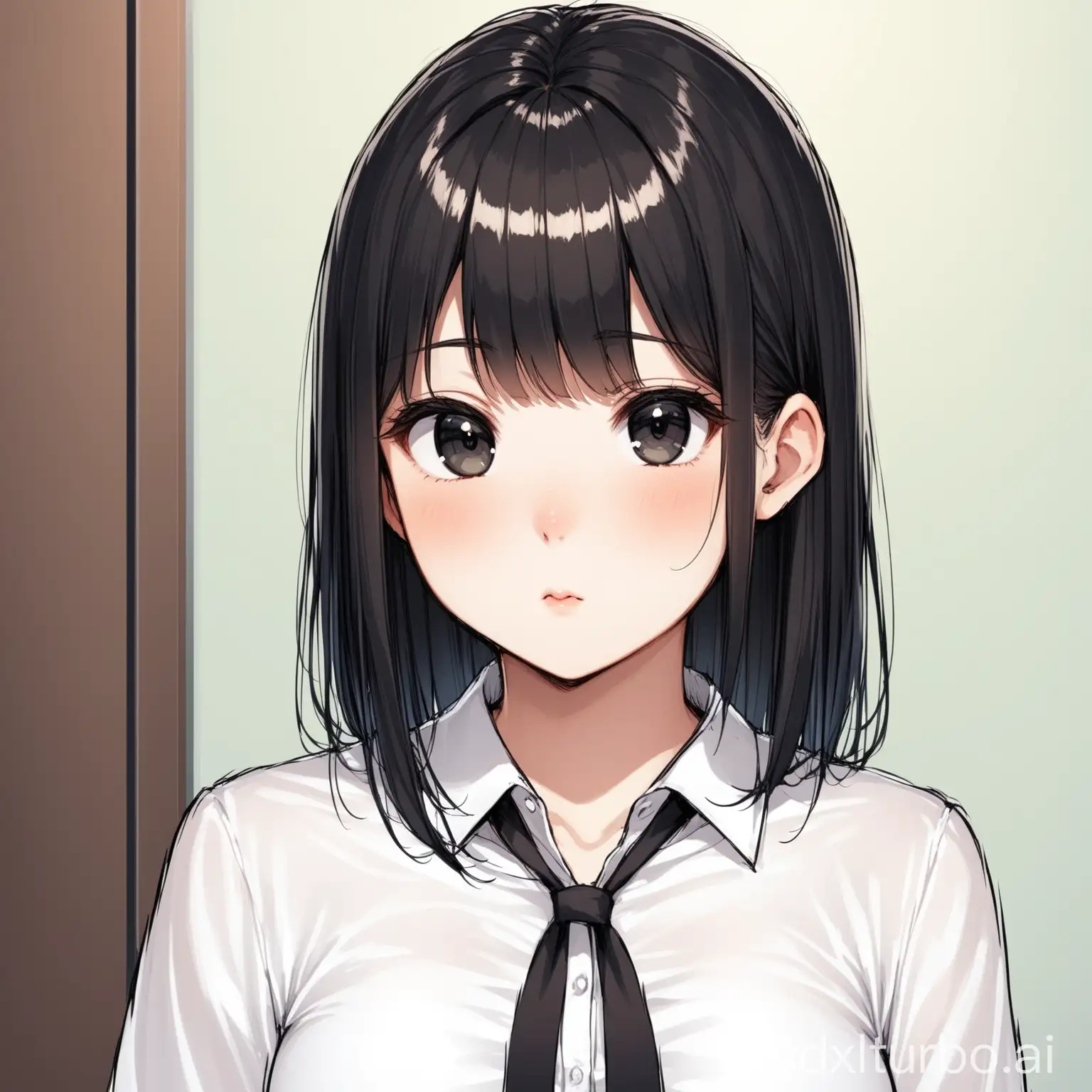 1girl,bangs,slightly chubby,small_breasts,adult,office_lady,white_skin,skinny,oval face,black hair,black eyes,bright_pupils,small nose,(white_shirt:1.1),