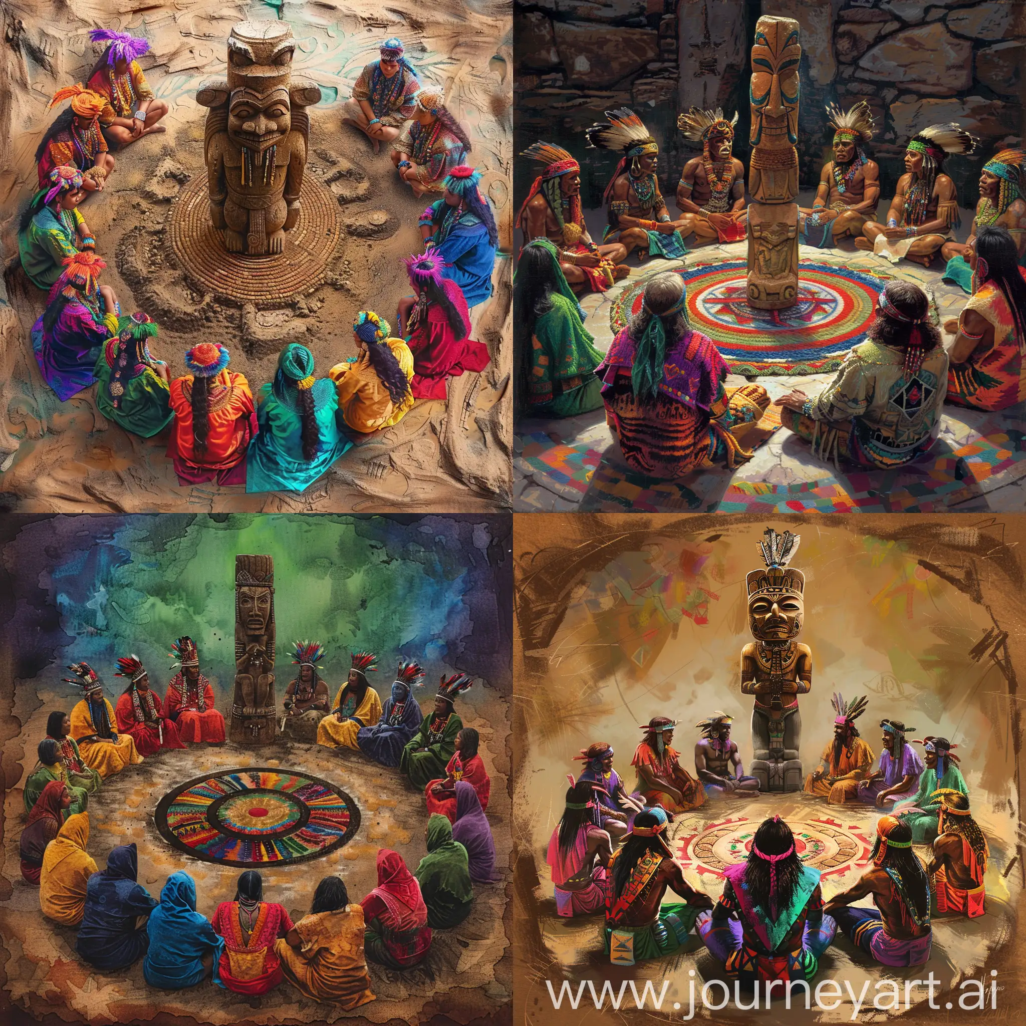 an ancient tribe with colorful clothes sitting in a circle with a totem in the center
