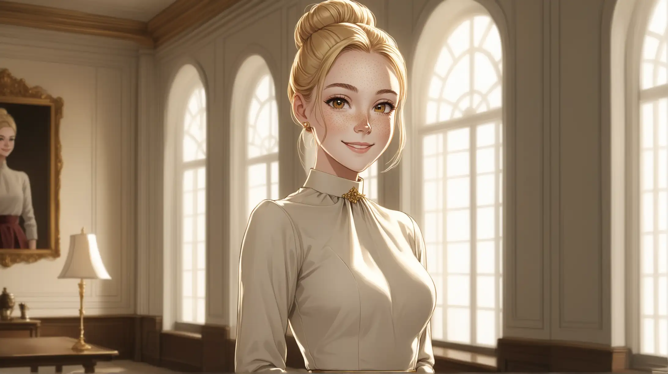 Draw a young woman, long blonde hair in a bun, gold eyes, freckles, traditional fashion body shape,
classy outfit, smiling, high quality, long shot, indoors, natural lighting