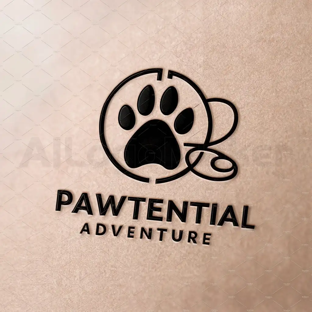 a logo design,with the text "Pawtential Adventure", main symbol:Dog Paw inside a circle. The circle outline is a leash.,complex,be used in Animals Pets industry,clear background